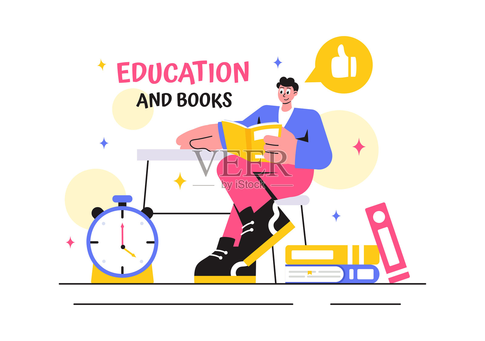 教育与知识书籍矢量插图，展示人们学习和学习用品，背景为平面风格的卡通图案插画图片素材