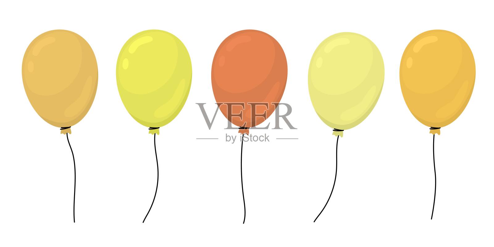 一组不同颜色的气球在绳子上向上飞。氦气球漂浮在空中，用于生日或派对装饰。扁平风格的矢量插图。插画图片素材