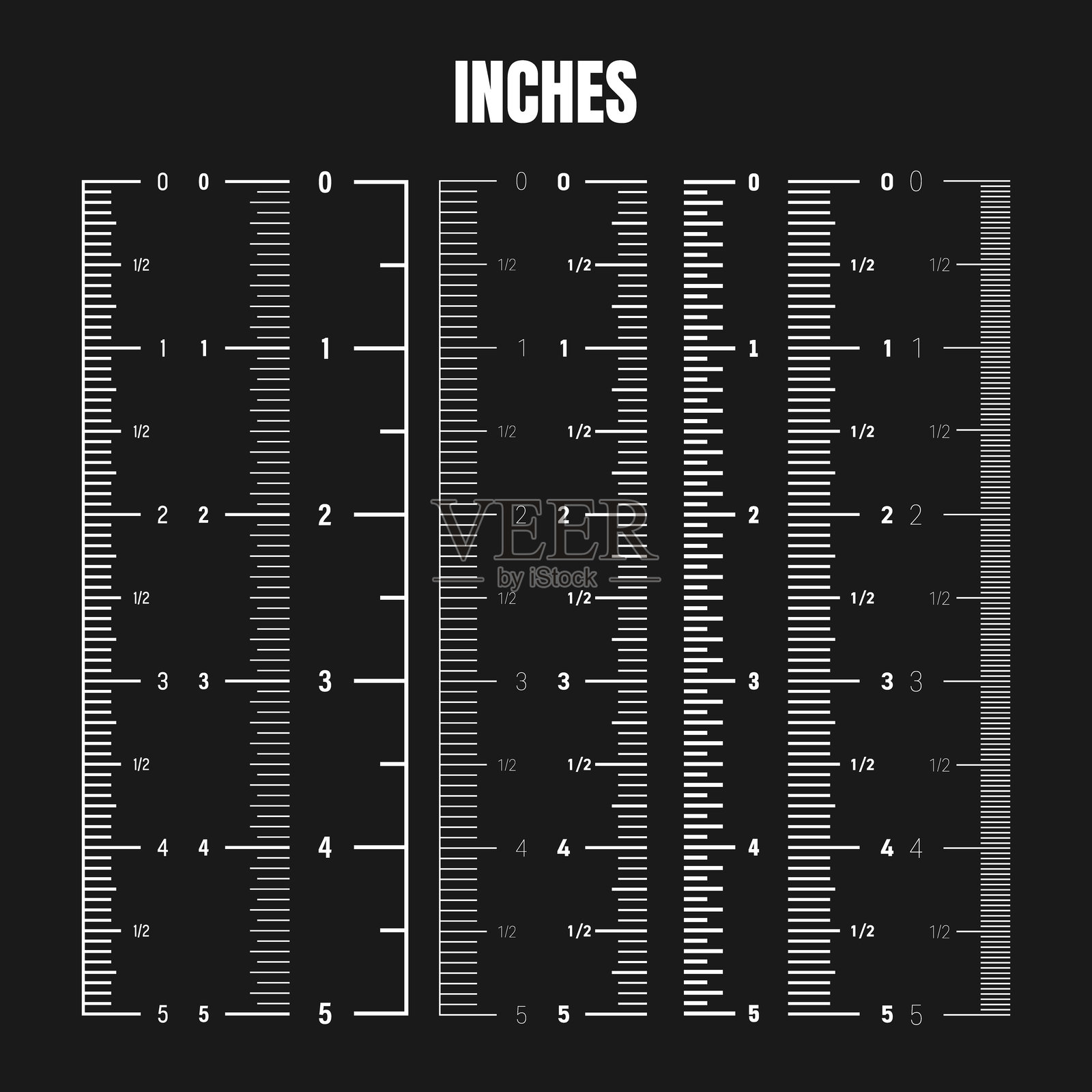 垂直英寸刻度用于测量长度或高度。各种带有分度的测量刻度。尺子、卷尺标记、尺寸指示器。矢量插图插画图片素材