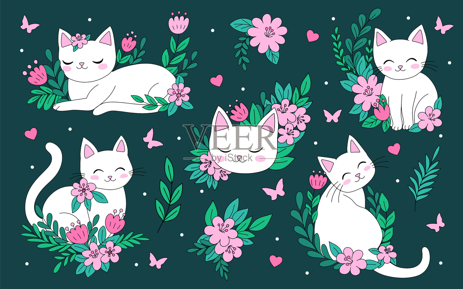 可爱的白猫与花卉及花卉元素的卡通系列插画图片素材