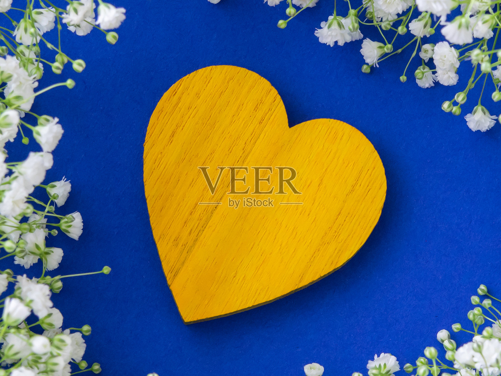 蓝色背景上的黄色木心与白色花朵。照片摄影图片