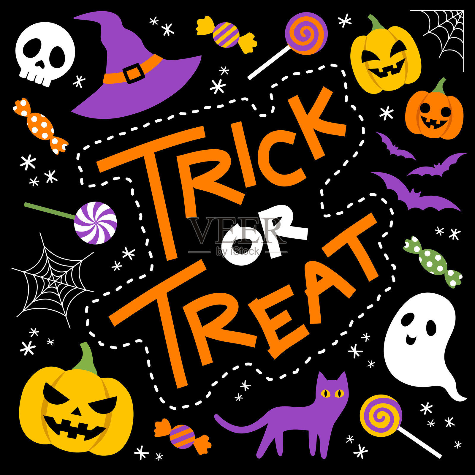 万圣节快乐，黑色背景上的可爱元素的“不给糖就捣蛋”横幅。插画图片素材