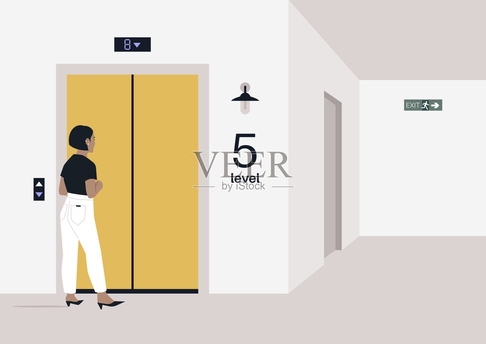 一个角色在第五层的现代简约走廊中走向电梯，思考着他们的下一步行动，走廊里装饰着柔和的灯光。插画图片素材