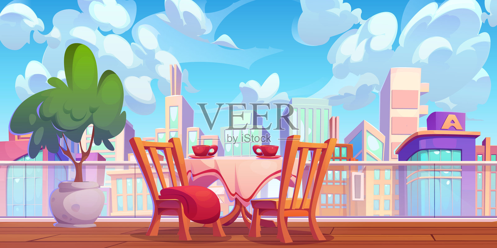 屋顶露台上的咖啡桌和椅子插画图片素材