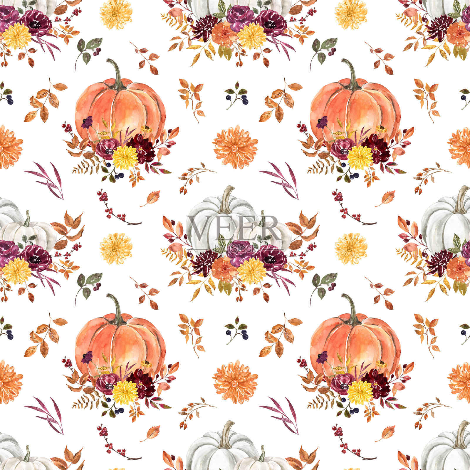 水彩白色和橙色南瓜的排列，秋季花卉、叶子和浆果。秋季植物无缝图案。插画图片素材