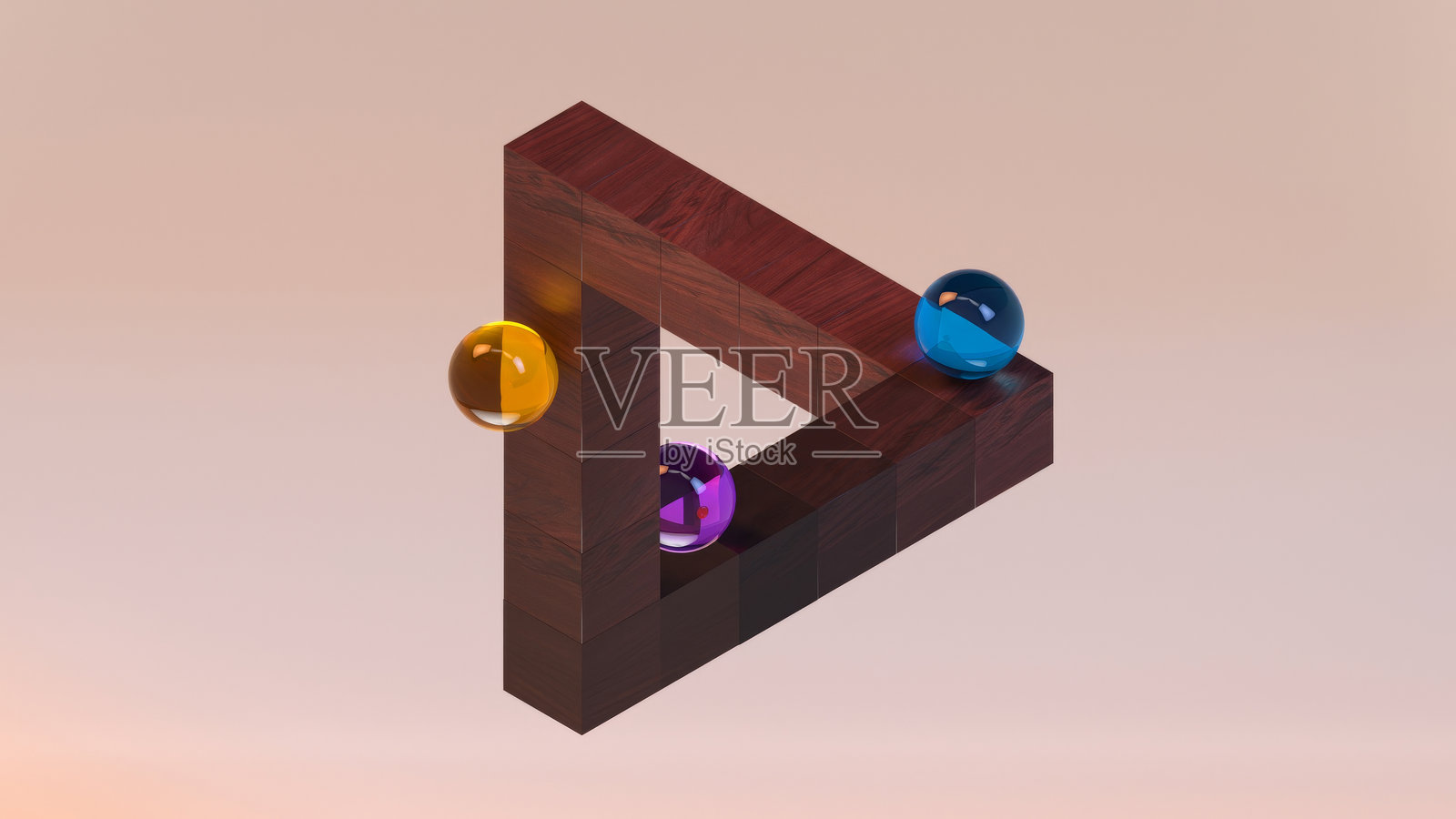 不可能的木制三角形，上面有五颜六色的球体，在中性米色渐变背景的插图中漂浮并平衡在其边缘上。照片摄影图片