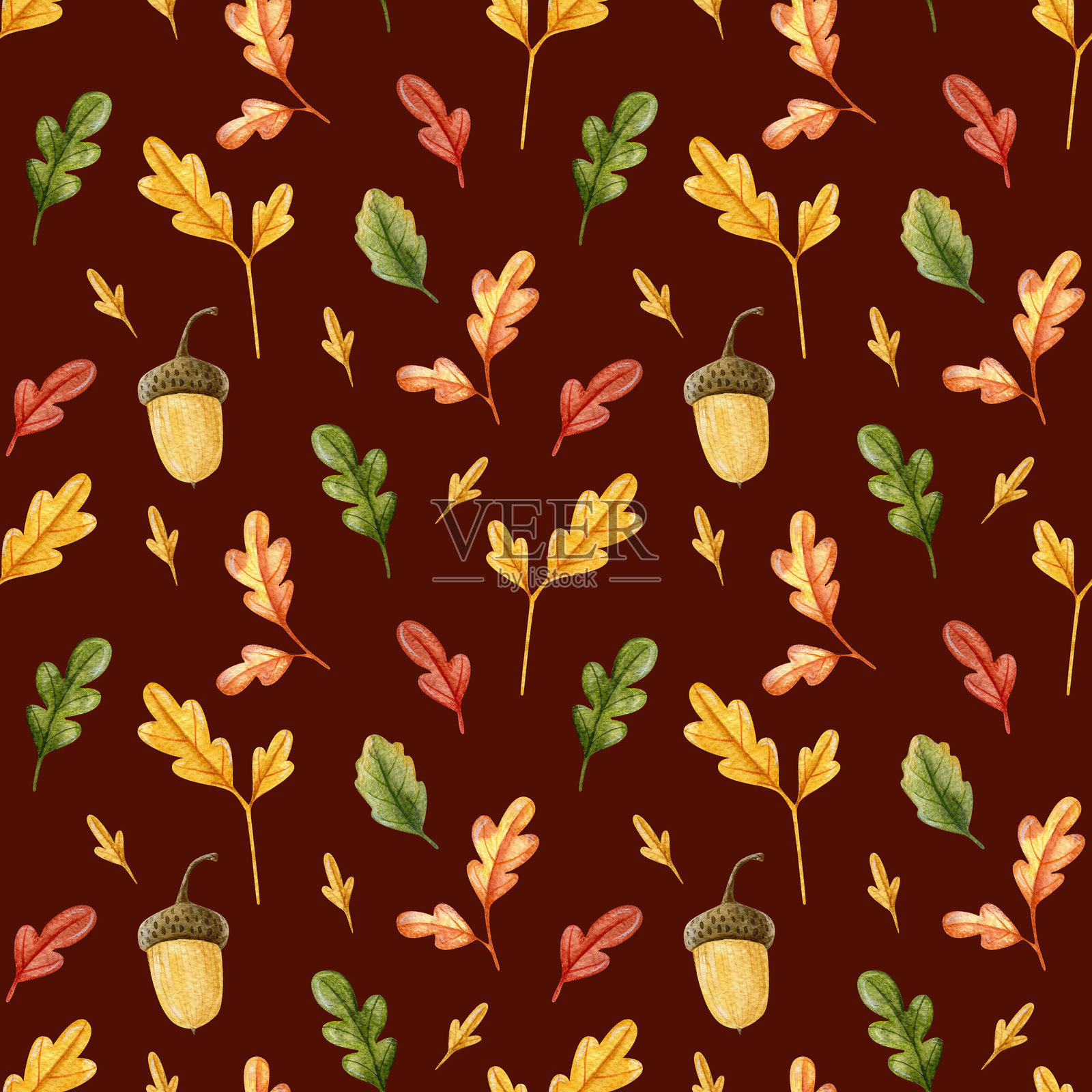 水彩自然无缝图案，手绘插图，背景为深红色。野生森林植物、橡果、树枝。适用于制作面料、包装纸、邀请函和纺织品。插画图片素材