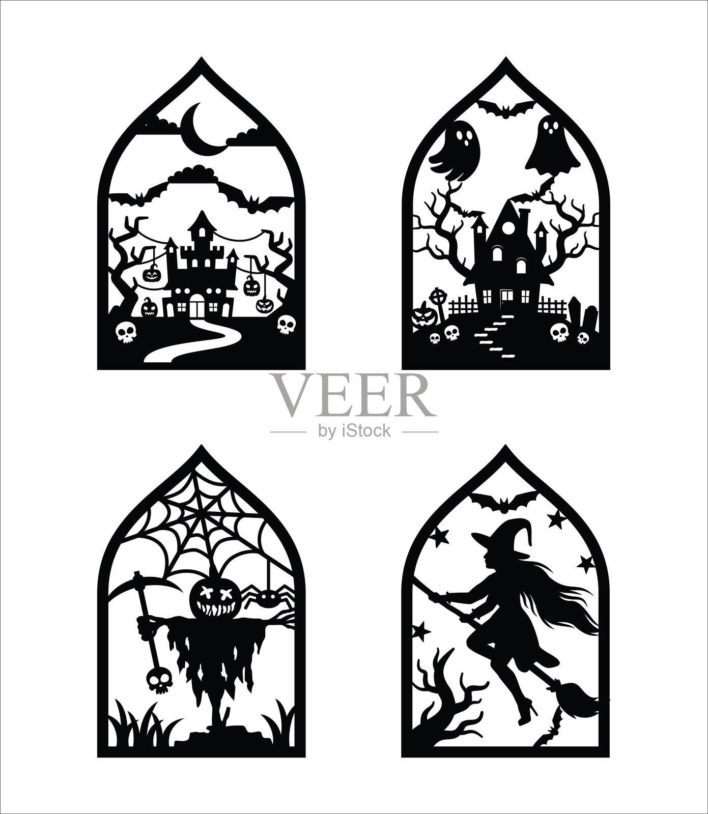 万圣节悬挂门饰设计模板。万圣节场景墙面装饰矢量模板插图。包括鬼屋、鬼魂、南瓜恶魔面孔、飞行女巫、猫、稻草人、墓地。插画图片素材