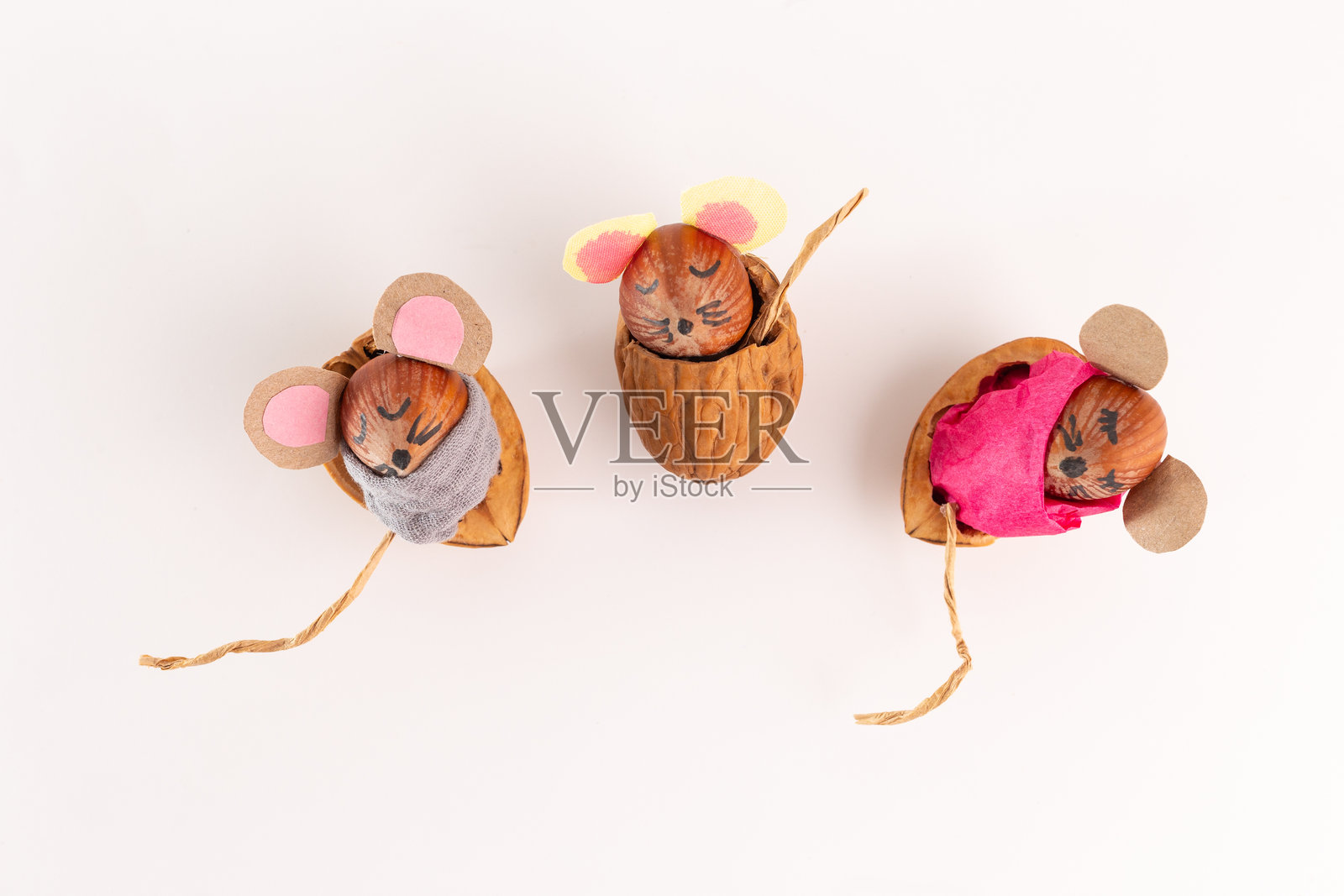 创意鼠标手工艺品，使用榛子和纸张，放置在白色表面上。俯视图，鼠标在坚果壳床上睡觉，秋季项目。照片摄影图片