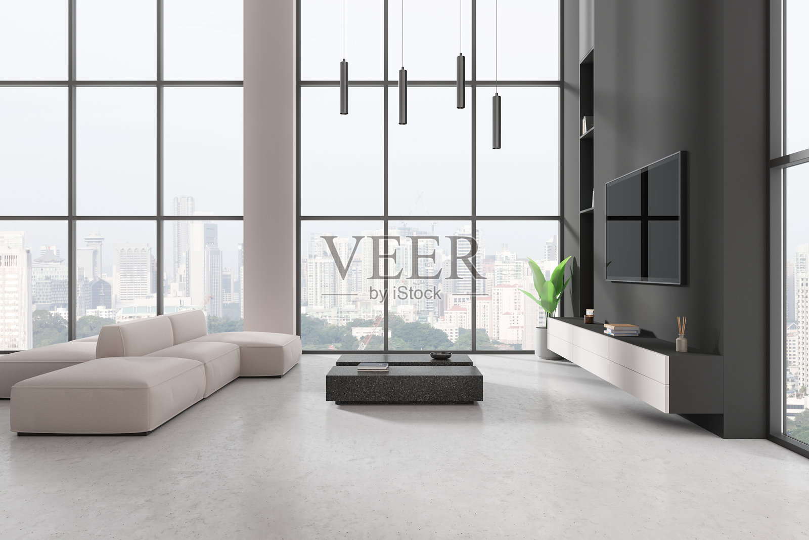 现代客厅室内设计，透过大窗户欣赏城市景观。3D渲染图照片摄影图片