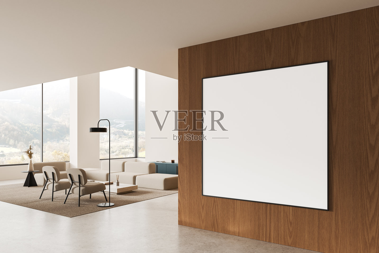 舒适的家居客厅室内沙发和扶手椅靠近窗户，展示框架的样式照片摄影图片