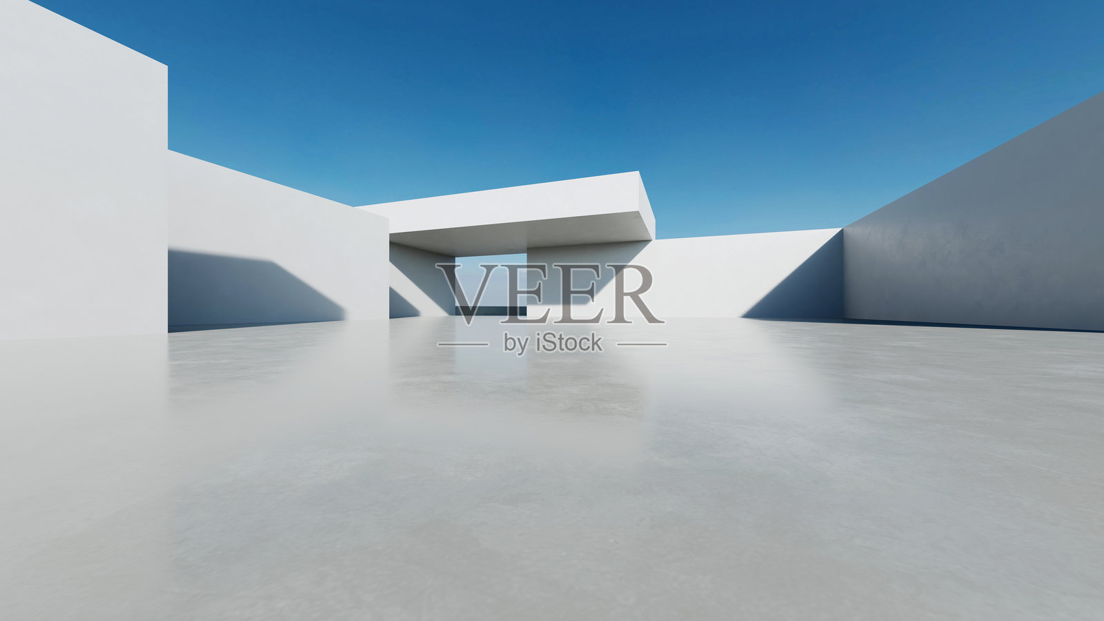 现代抽象混凝土建筑的3D渲染，空旷的水泥地面，简约的外观，汽车展示背景照片摄影图片