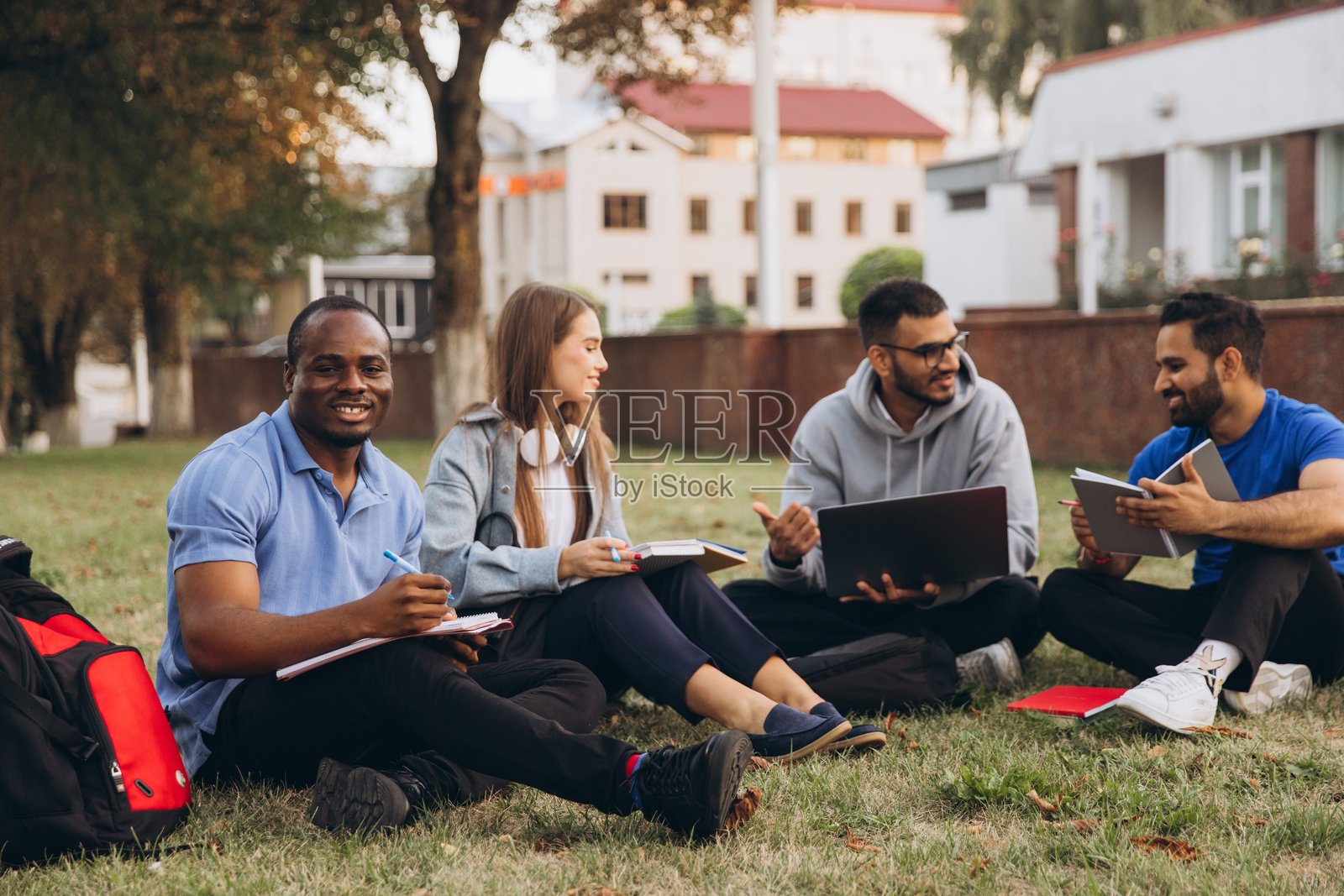 多元化的大学生在校园草坪上一起学习照片摄影图片
