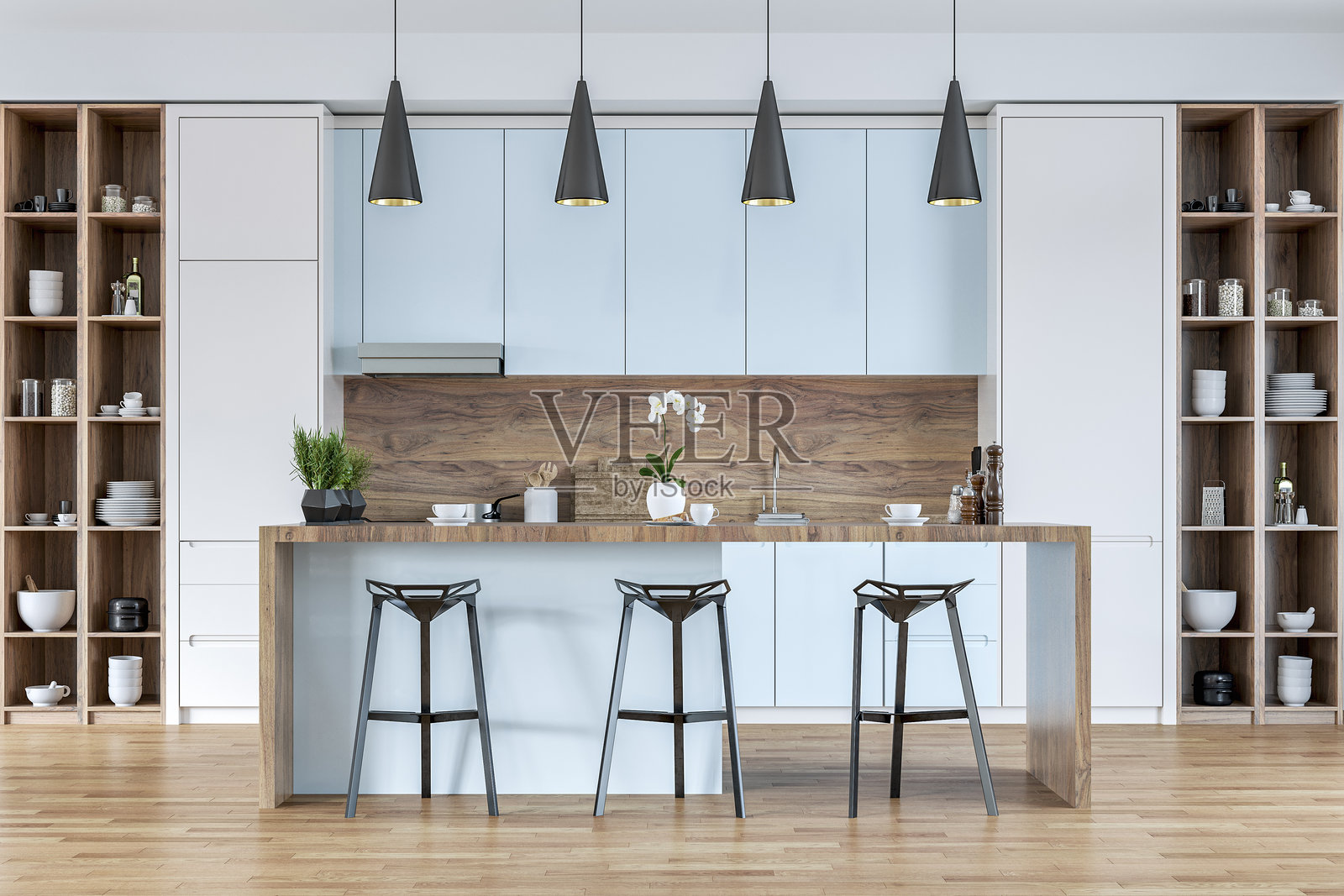 现代白色、浅蓝色和木质的厨房正面视图，配有矩形早餐厨房岛、凳子和吊灯。照片摄影图片