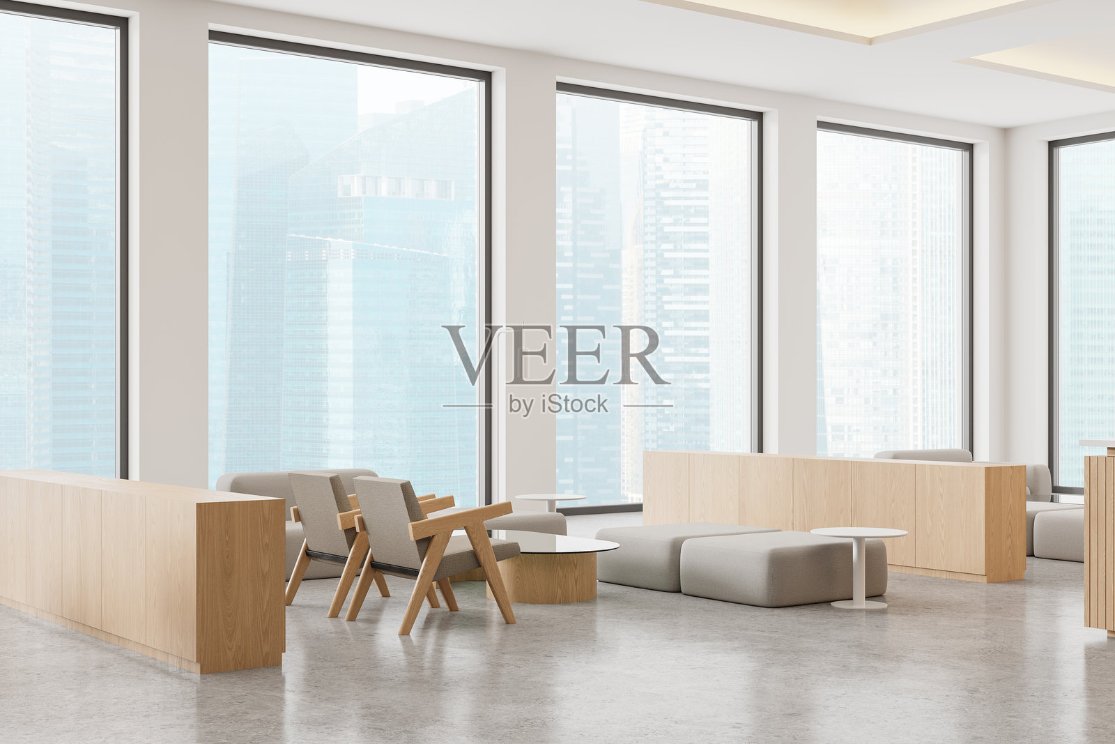 木质咖啡馆内部，靠近全景窗的舒适用餐区照片摄影图片