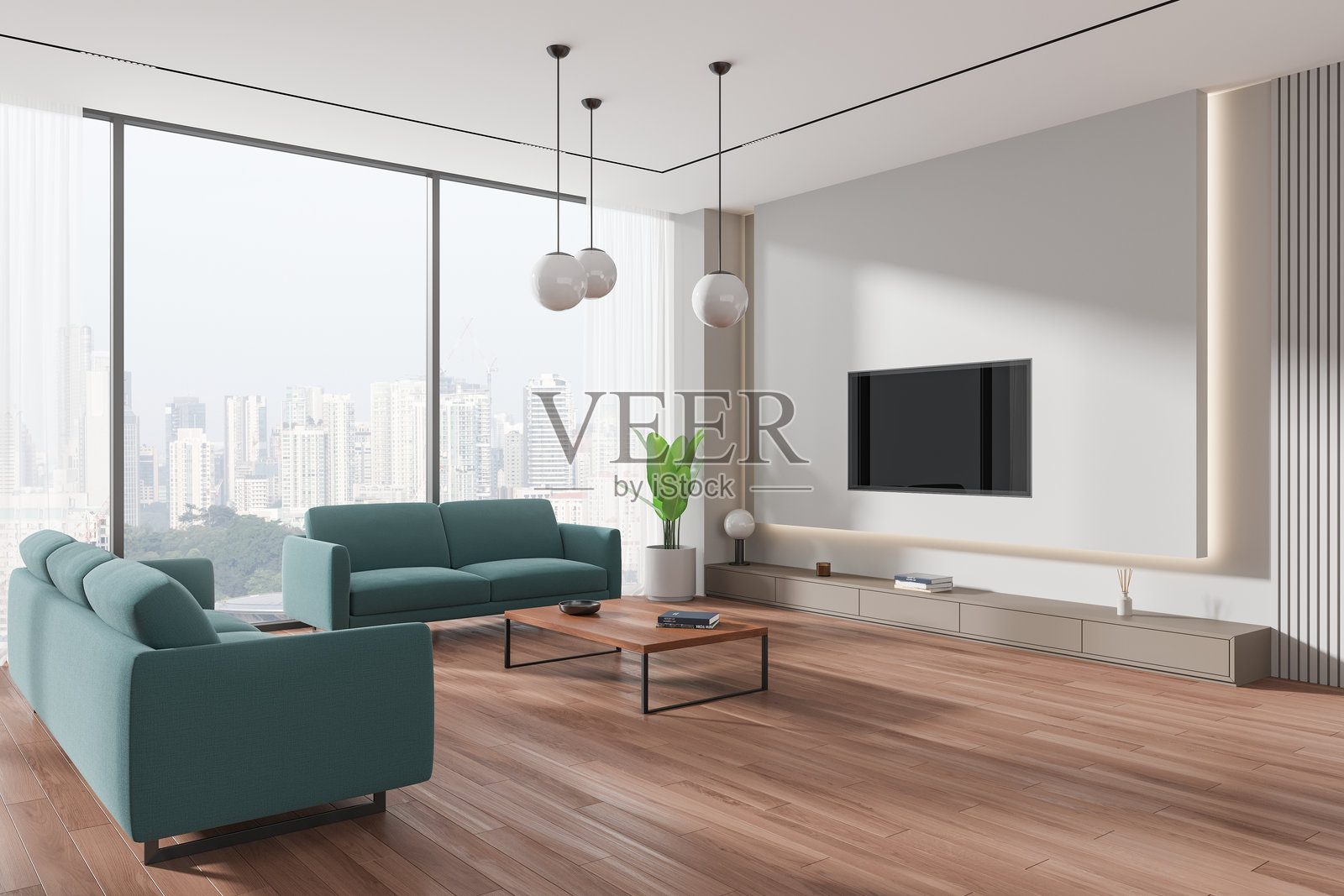 时尚的家居客厅室内，配有沙发、抽屉、电视和全景窗户照片摄影图片