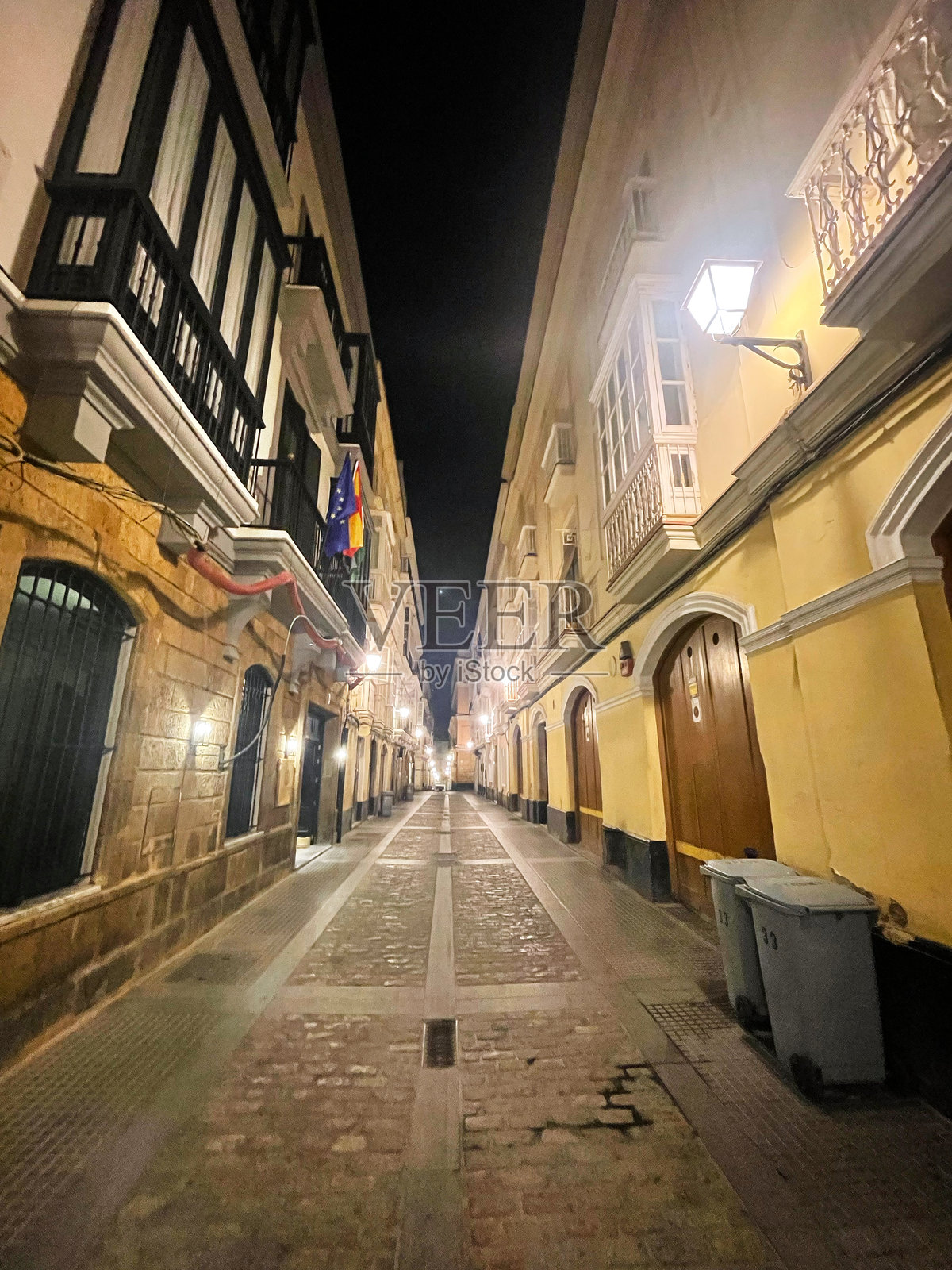 展示了一条夜晚的狭窄街道，旁边是传统建筑。照片摄影图片