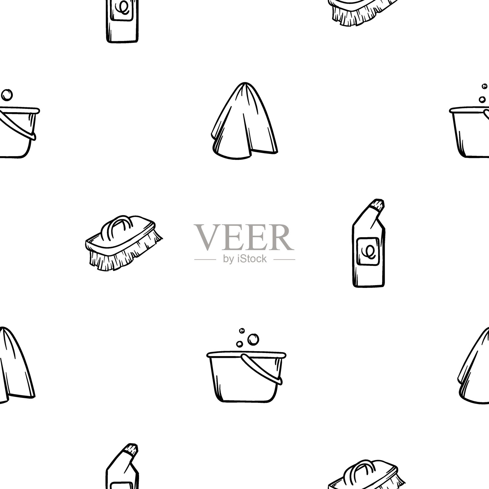 简单的黑白无缝图案，包含桶、抹布、刷子和清洁剂。适用于商店、清洁公司设计以及清洁服务广告的矢量背景。插画图片素材