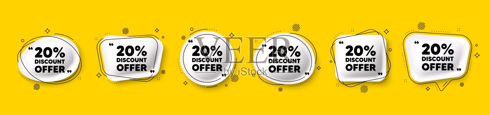 20%折扣。促销价格标志。3D图标集中的对话气泡。矢量图。插画图片素材