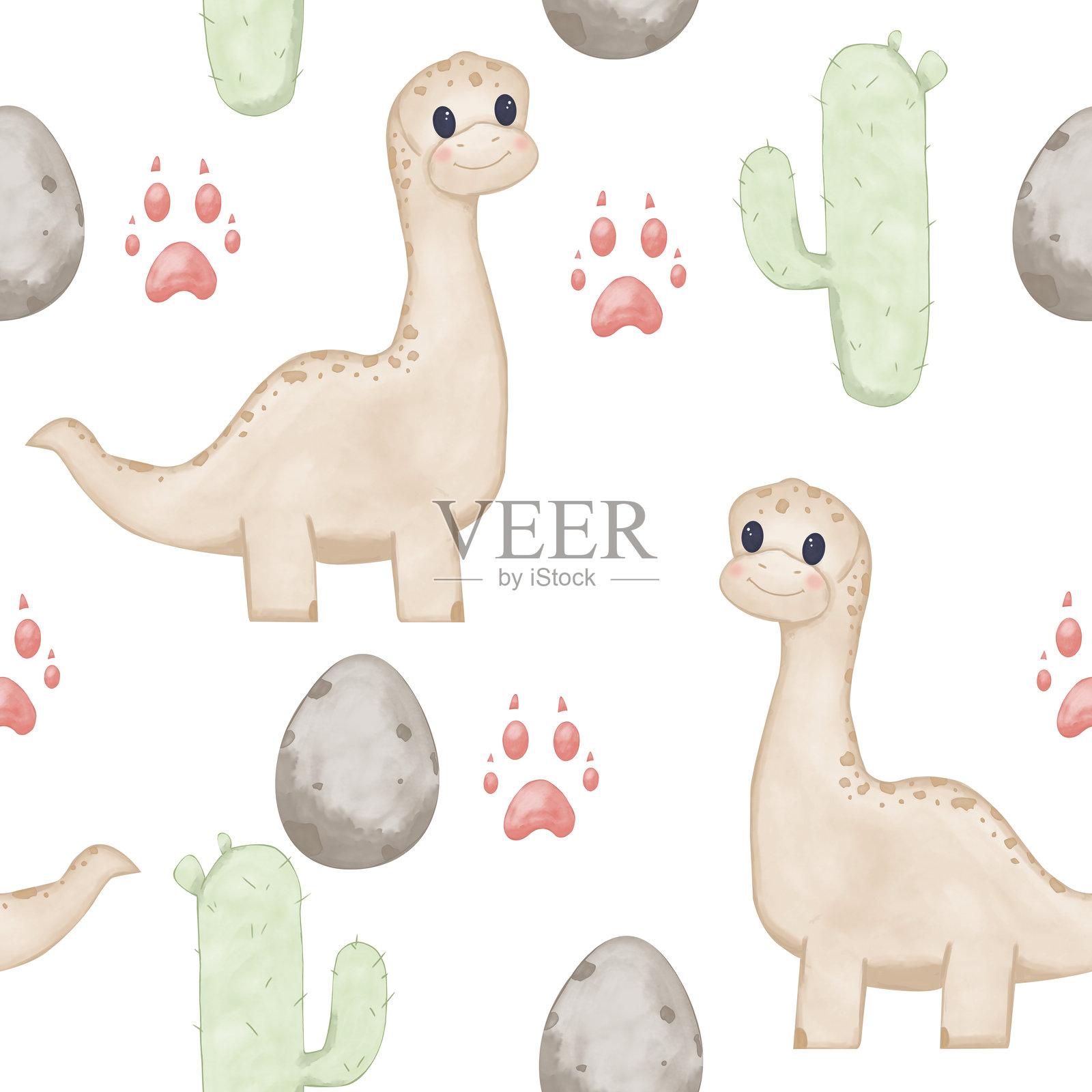 无缝恐龙图案，长脖子、爪印、仙人掌和蛋，儿童水彩插图，适用于印刷和网络。插画图片素材