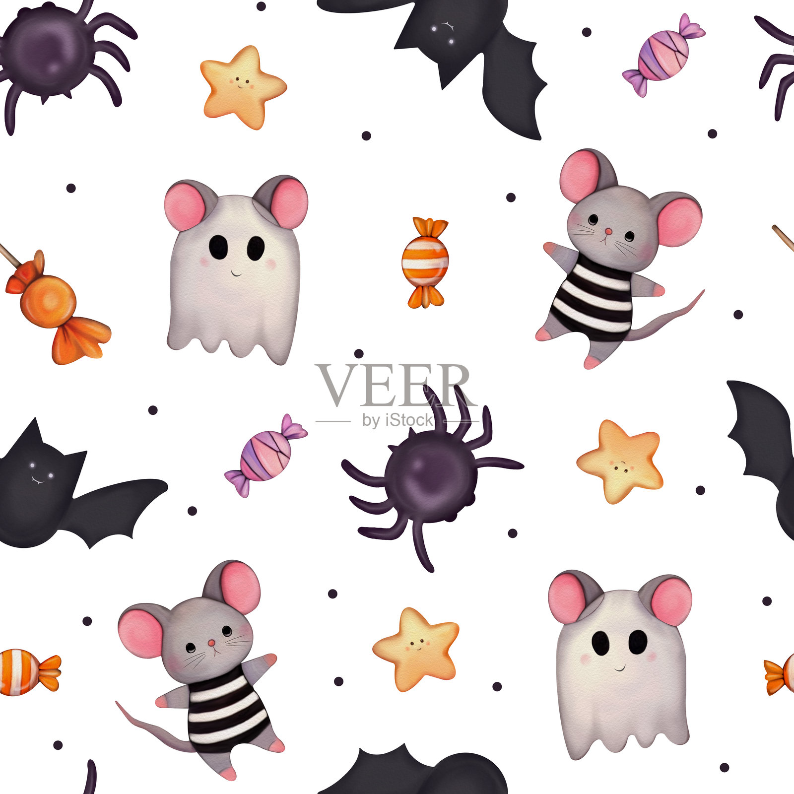 无缝万圣节图案，包含可爱的老鼠、蝙蝠、蜘蛛、糖果、鬼魂、南瓜和星星，水彩风格 – 适合节日面料、包装纸和万圣节主题设计插画图片素材