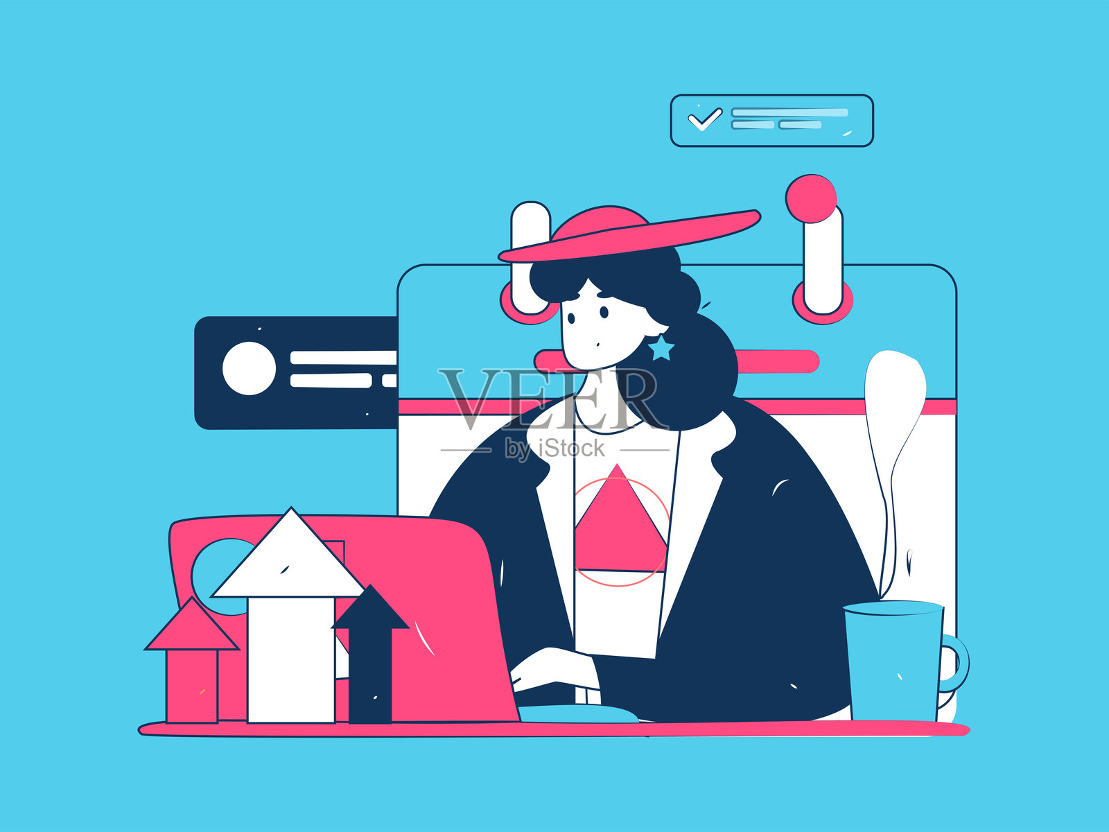 平面矢量插图展示商务人士在工作场景中操作插画图片素材