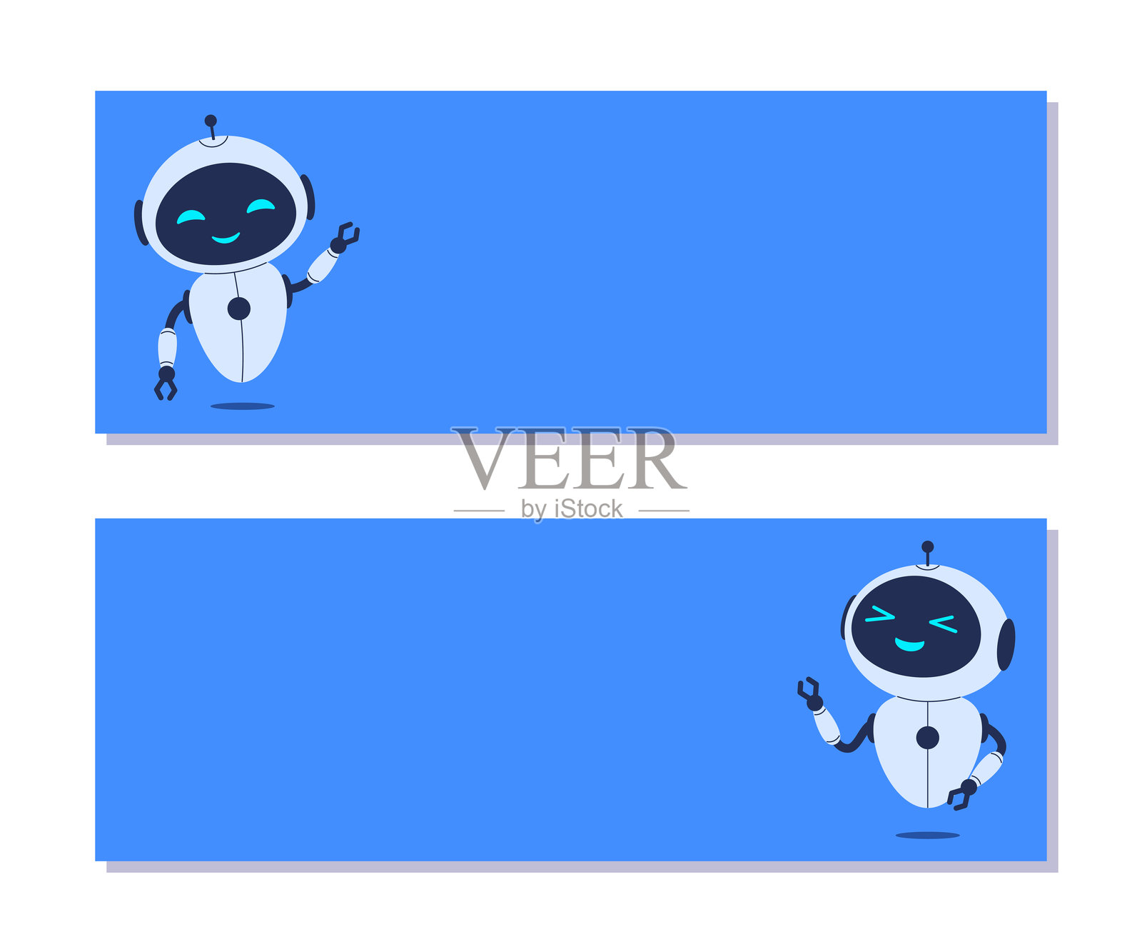蓝色背景上的机器人横向背景，留有文本空白。适用于人工智能沟通、客户服务设计和数字助手项目的矢量横幅。插画图片素材