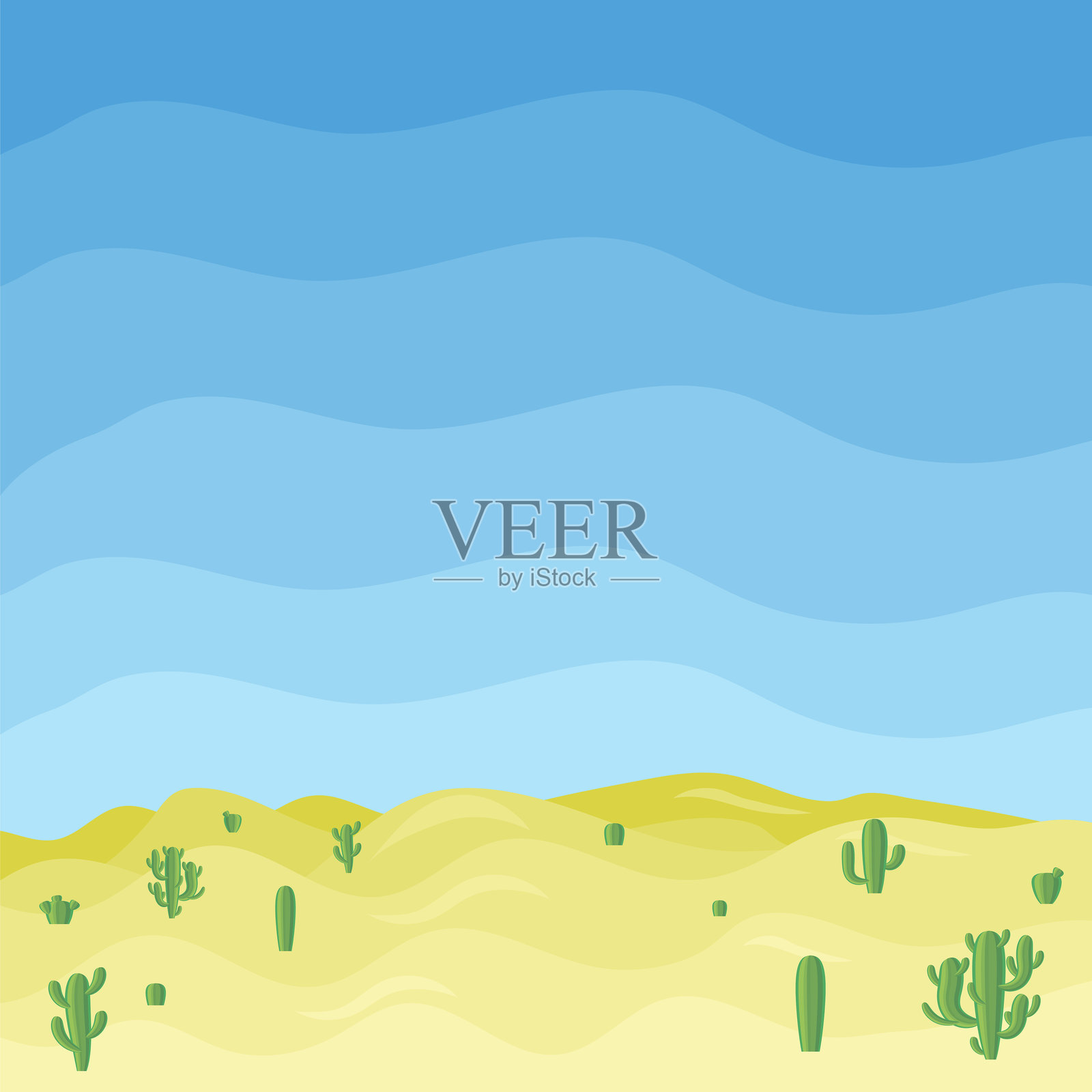 极简风格的沙漠波浪地貌与沙丘。平面设计。适合印刷和海报的波西米亚风格装饰。沙漠插图。插画图片素材