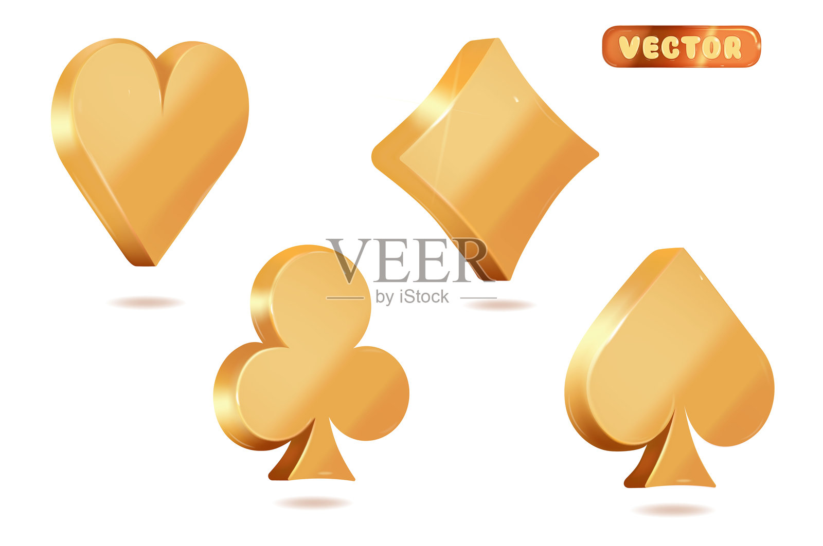 一组金色扑克牌花色图标的矢量插图,3d效果,背景为白色