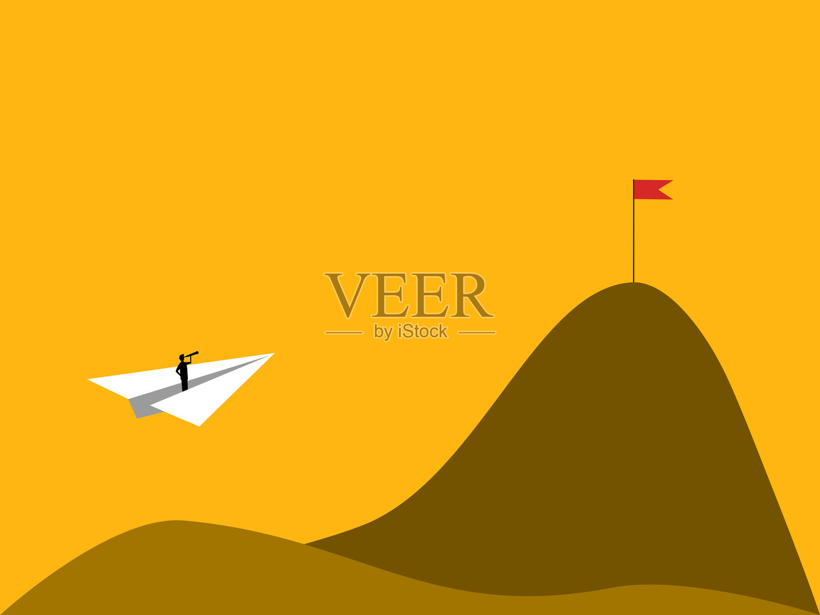 商人使用望远镜将纸火箭引向胜利的旗帜插画图片素材