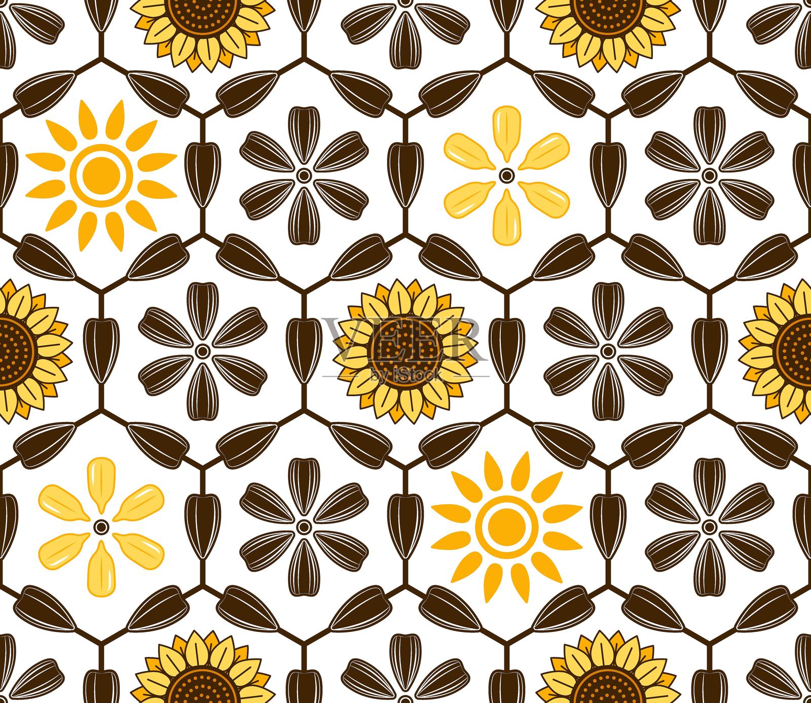 向日葵无缝图案，包含花头图标、黑色条纹种子、六边形网格中的太阳，背景为白色。简单的平面几何风格。适用于品牌、食品包装和印刷。插画图片素材