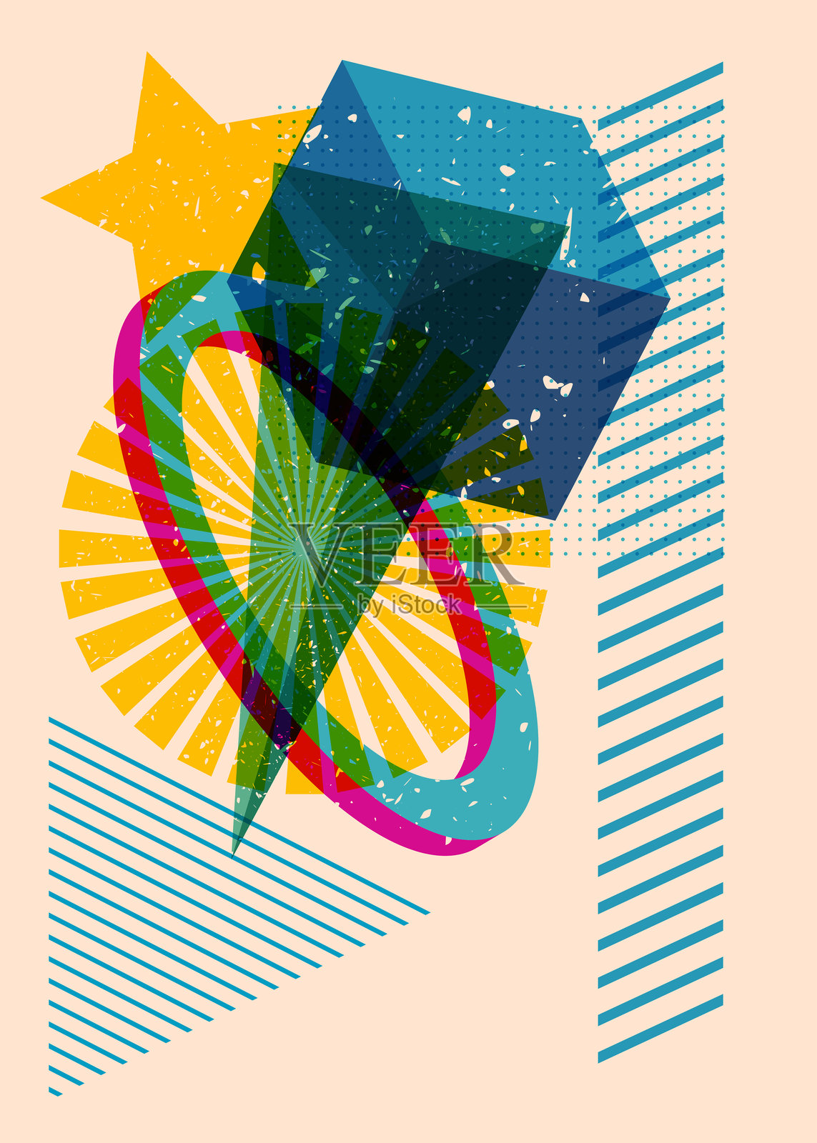 色彩丰富的几何形状。时尚的丝网印刷设计中的物体。几何元素的抽象丝网印刷纹理风格。插画图片素材