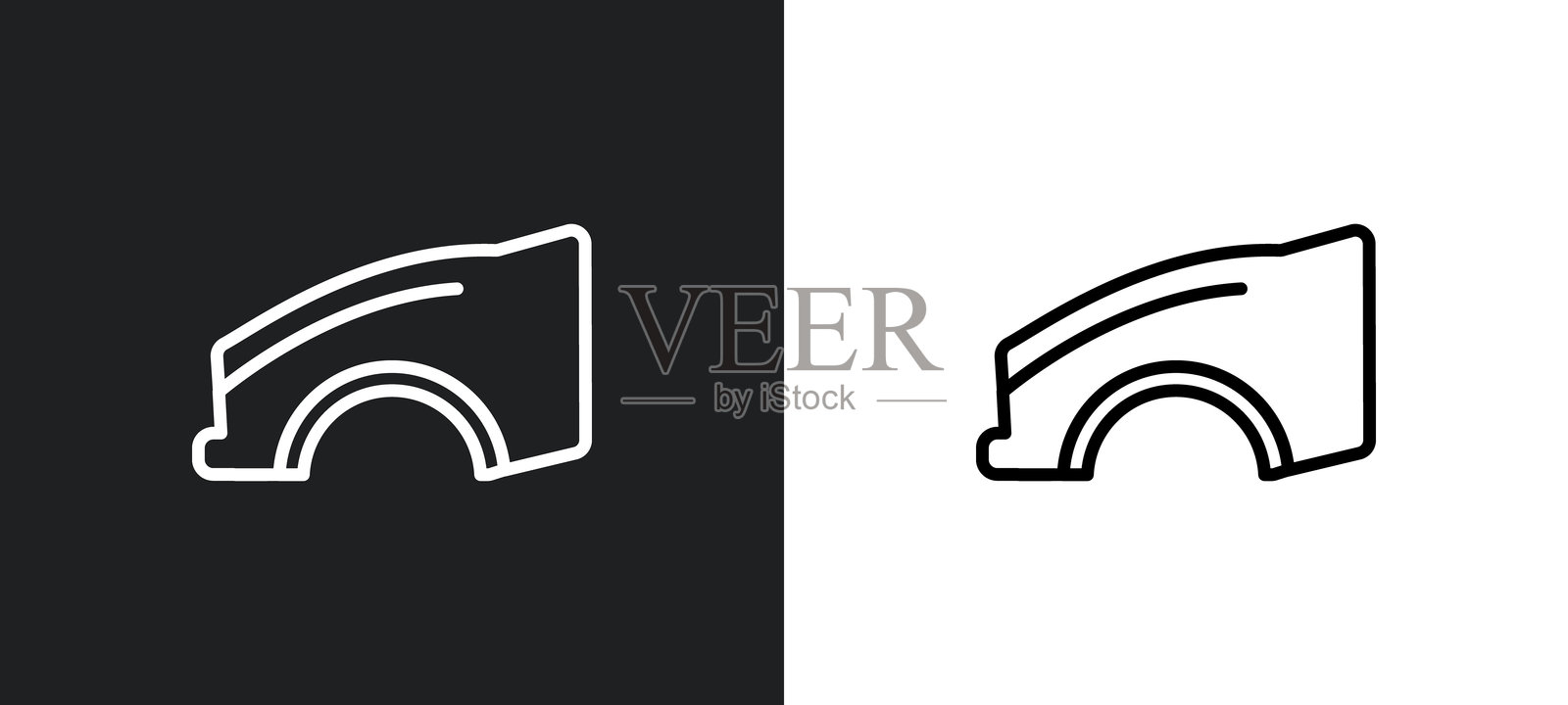 汽车翼子板（美国，加拿大）轮廓图标，黑白色。汽车翼子板（美国，加拿大）扁平矢量图标，来自汽车零件系列，适用于网页、移动应用和用户界面。插画图片素材