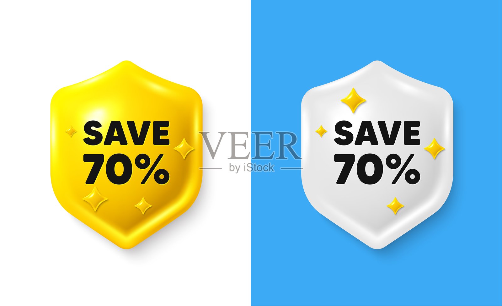 节省70%的折扣。销售折扣优惠价格标志。带文本框的3D盾牌横幅。矢量图。插画图片素材