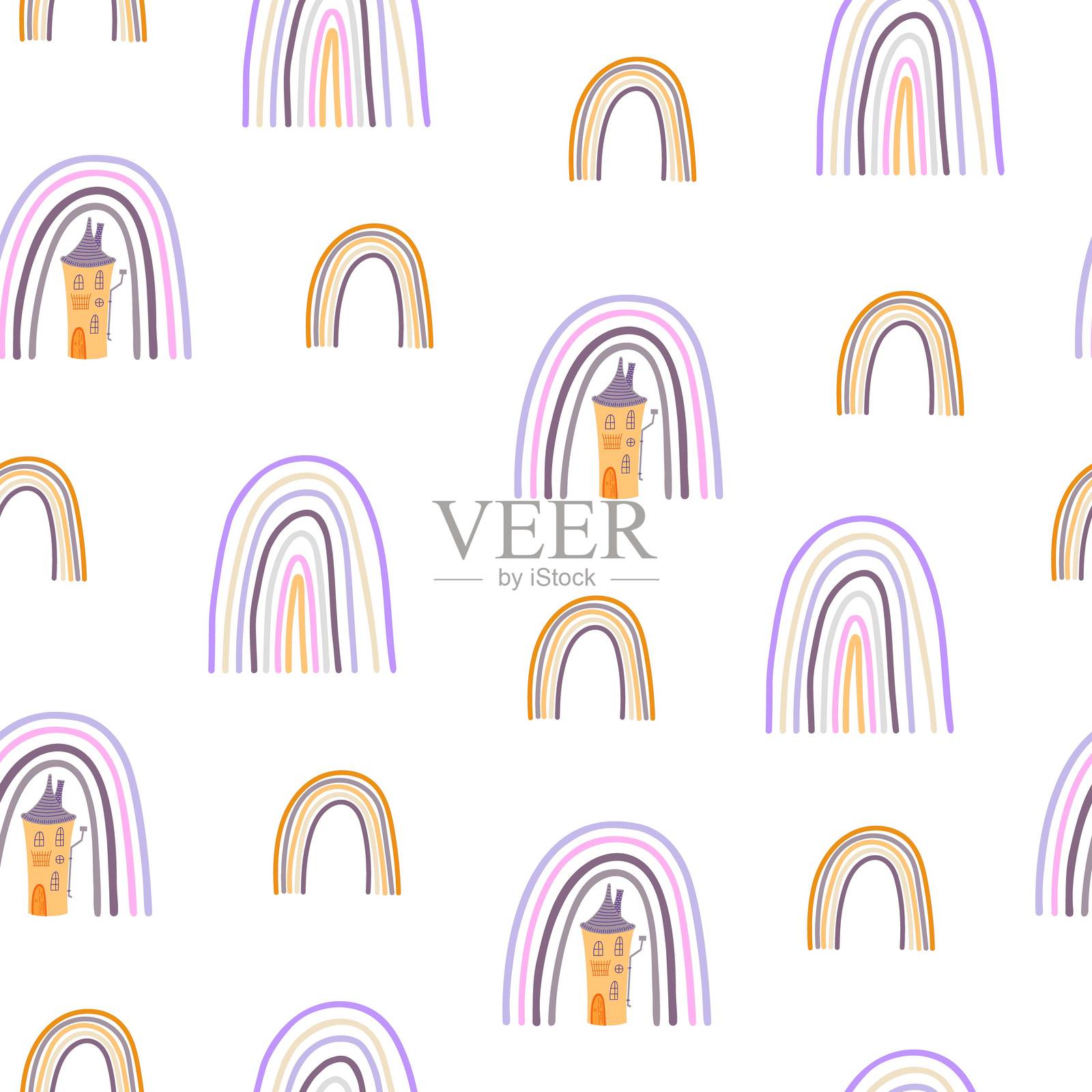 万圣节彩虹无缝图案，简单手绘的重复插图，时尚的柔和色彩，极简概念，完美适用于纺织品、庆祝装饰、卡片、礼品纸和纸艺。插画图片素材