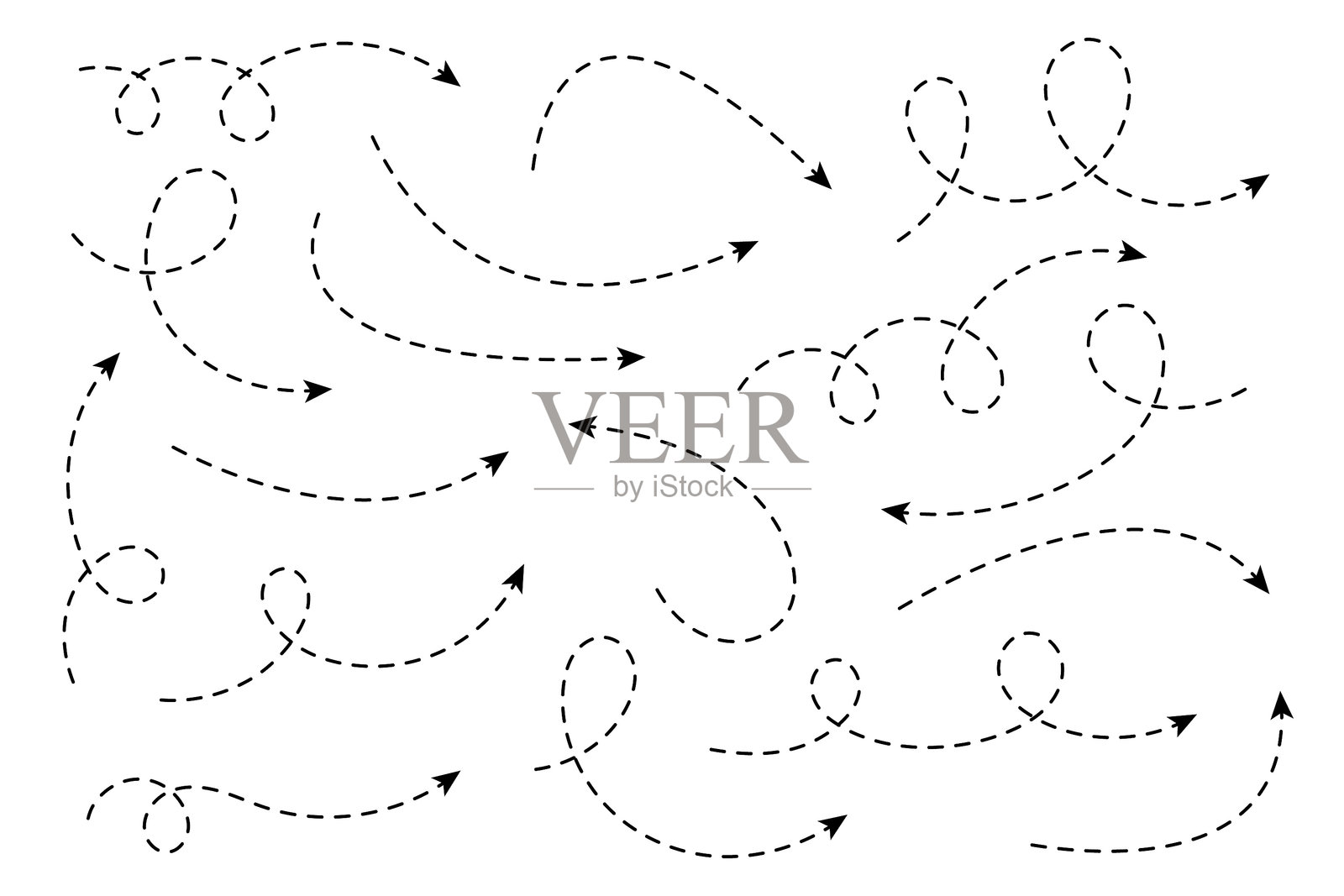 弯曲的虚线箭头。锯齿形箭头条纹设计，带有虚线。插画图片素材