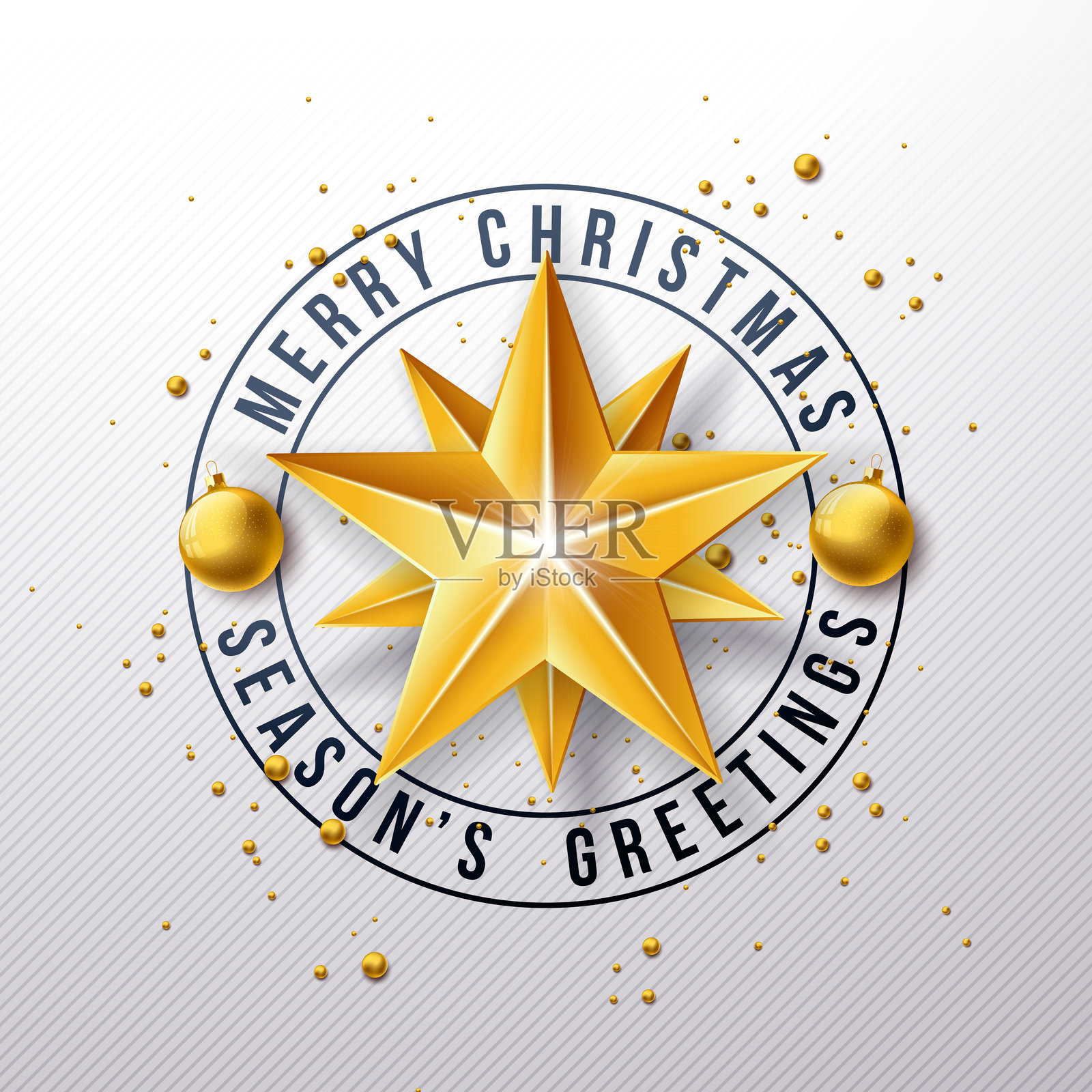 圣诞快乐和新年快乐插图，配有金色玻璃球、星星和白色背景上的字母排版。适用于贺卡、派对传单、庆祝海报和社交媒体帖子的节日横幅设计。插画图片素材