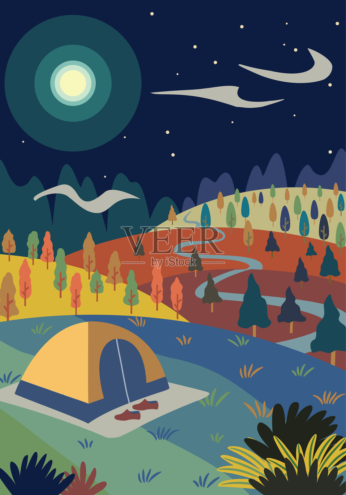星光璀璨的秋季露营插图插画图片素材
