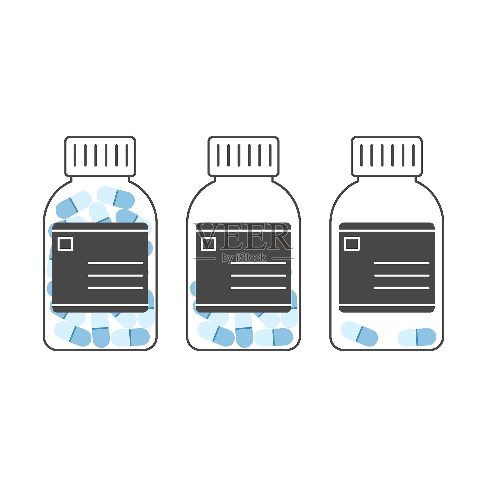 三个轮廓清晰的药瓶，里面装有蓝色胶囊，简单的矢量风格并排排列。插画图片素材