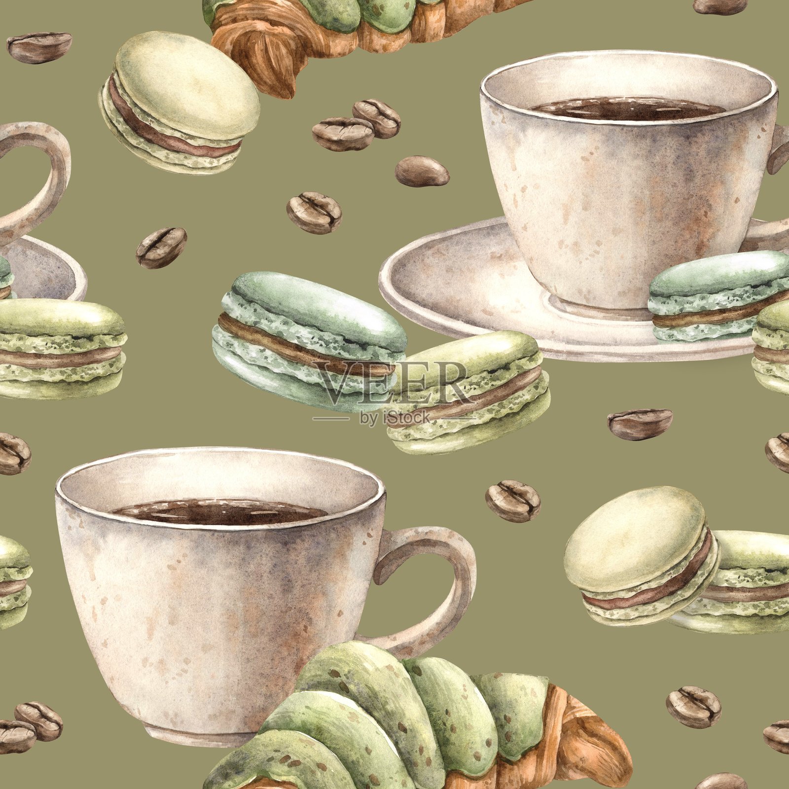 带有香气咖啡的陶瓷杯、开心果马卡龙、法式可颂与烘焙咖啡豆。绿色背景上的水彩无缝图案，适用于商店、咖啡馆、横幅和明信片的设计。插画图片素材