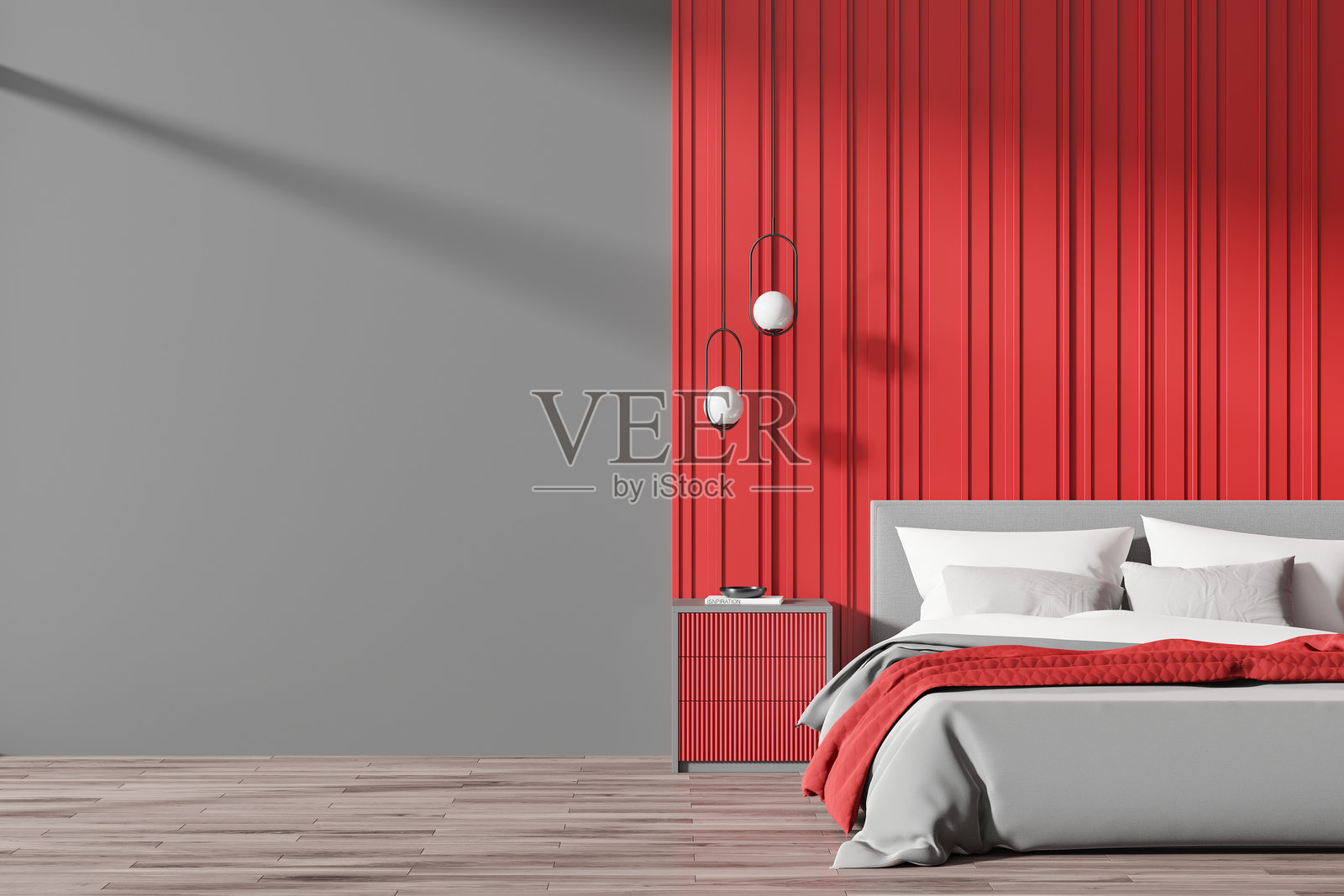 现代卧室室内设计，红色强调墙与舒适的床。3D渲染图照片摄影图片