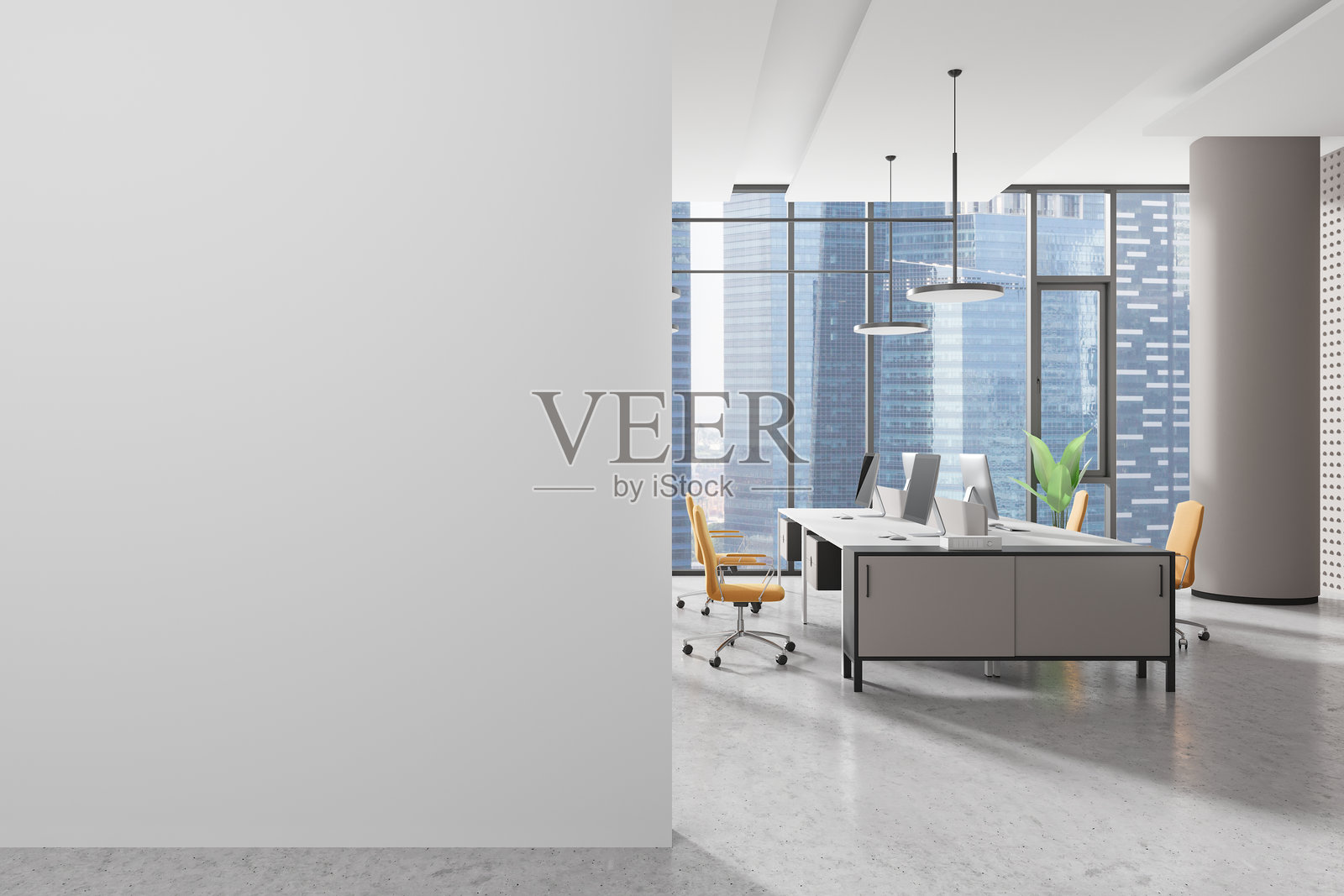 现代办公室内带城市景观的空白墙面模型。3D渲染。照片摄影图片