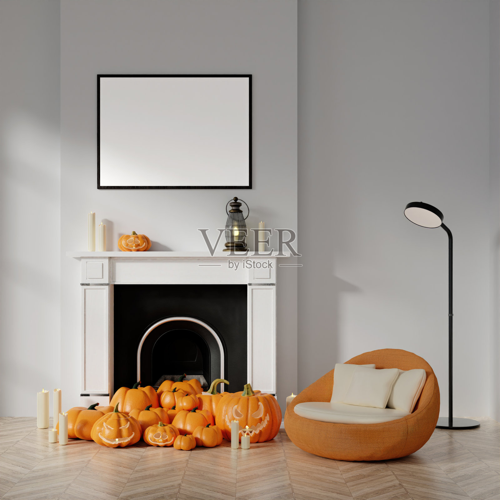 温馨的万圣节壁炉，配有南瓜和蜡烛的3D渲染图照片摄影图片