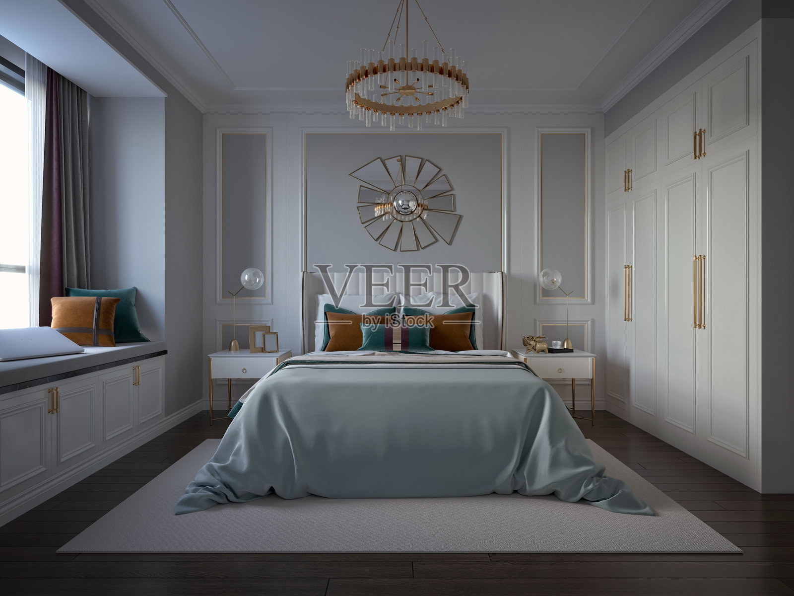 现代卧室的3D渲染图照片摄影图片