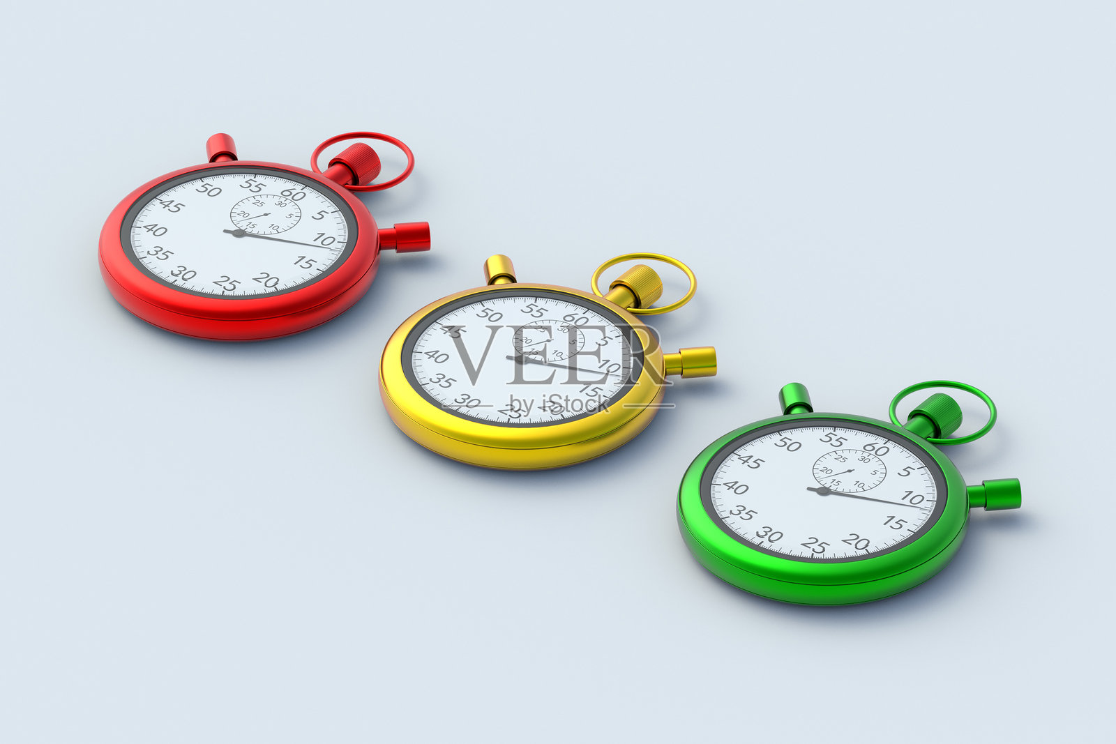 色彩缤纷的秒表在浅灰色背景上。运动器材。复古计时器。时间计数器。3D渲染。照片摄影图片