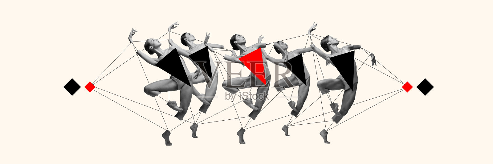 横幅。现代艺术拼贴。舞者的序列，被红色和黑色几何形状框住，展示了动态运动和能量。照片摄影图片