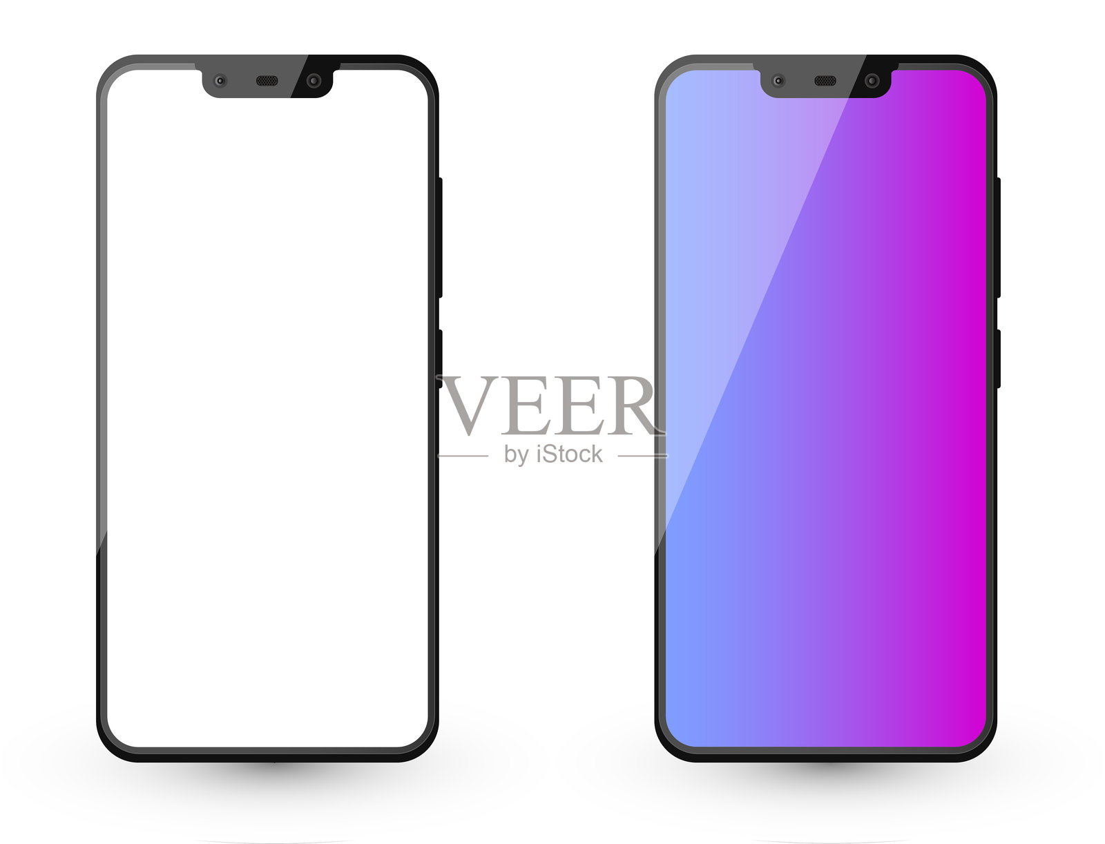 两个现代智能手机模型，一个是白色屏幕，另一个是渐变屏幕。白色背景。插画图片素材