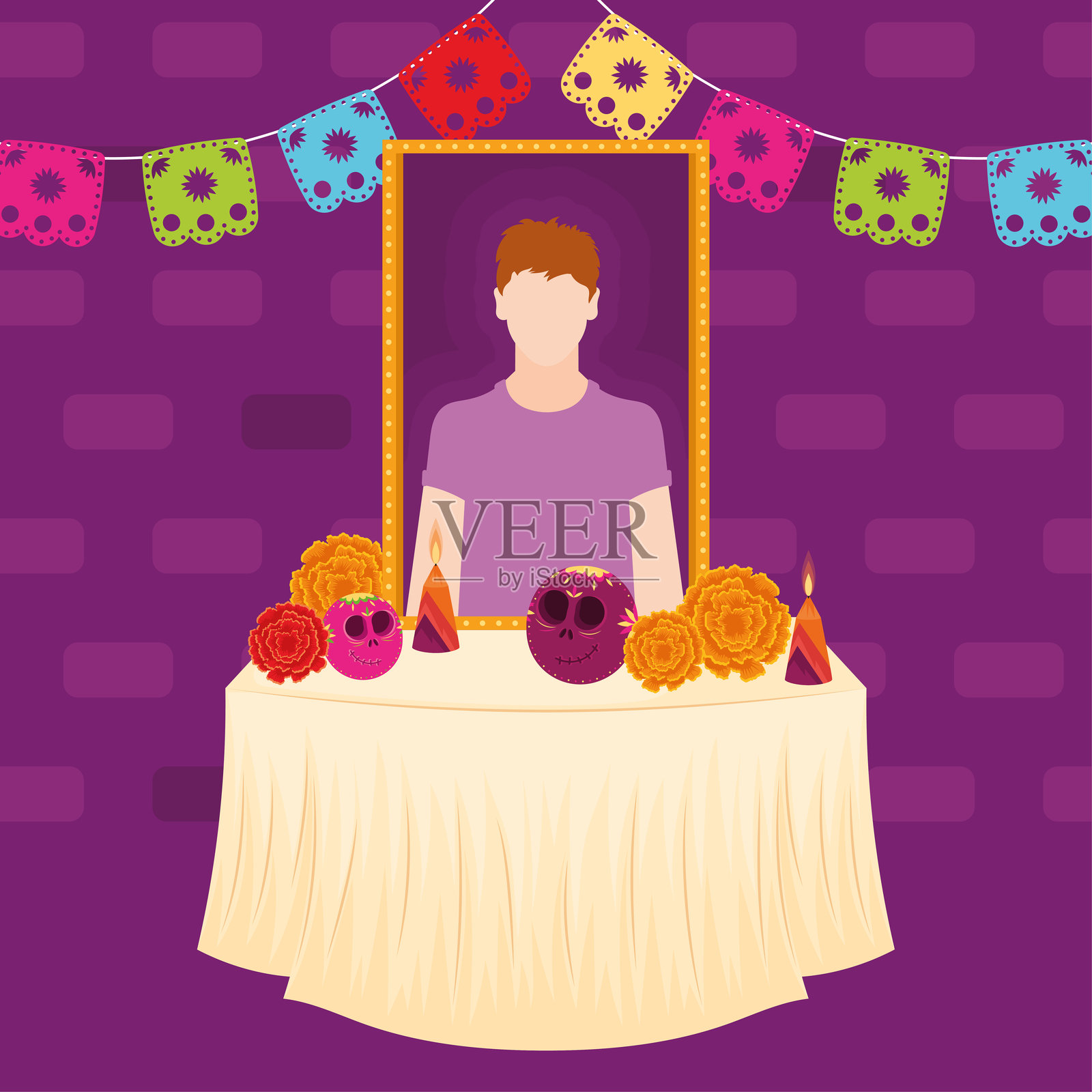 亡灵节祭坛，配有蜡烛和糖骷髅 矢量图插画图片素材