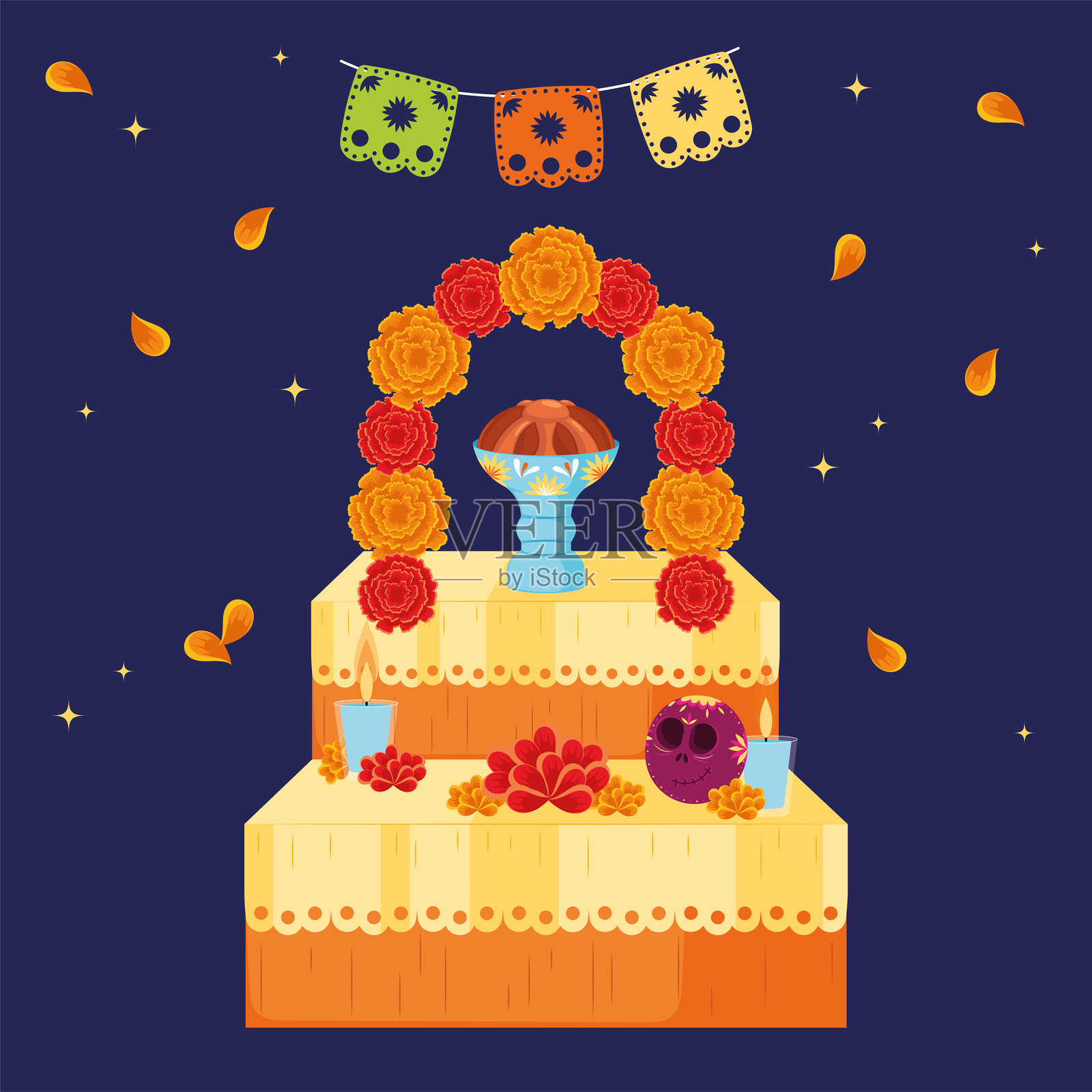 亡灵节万寿菊拱门祭坛与蜡烛矢量图插画图片素材