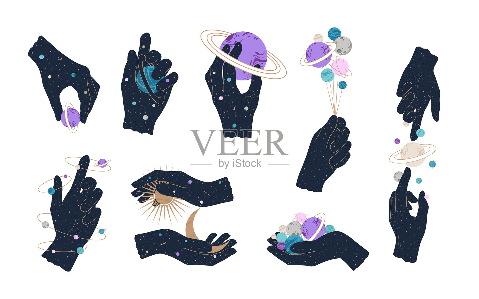 一组神秘和占星物品。人手与行星、星系、银河系。神秘学、占星术和炼金术概念。线条艺术风格的极简元素。插画图片素材